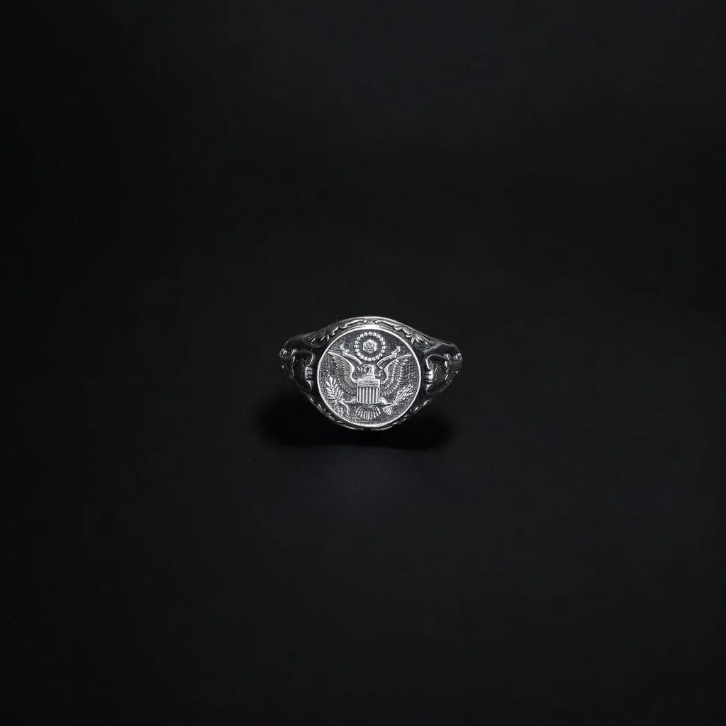 Mens Sterling Silver American Coat of Arms Ring: Patriotic USA Jewelry   Charmora Jewelry