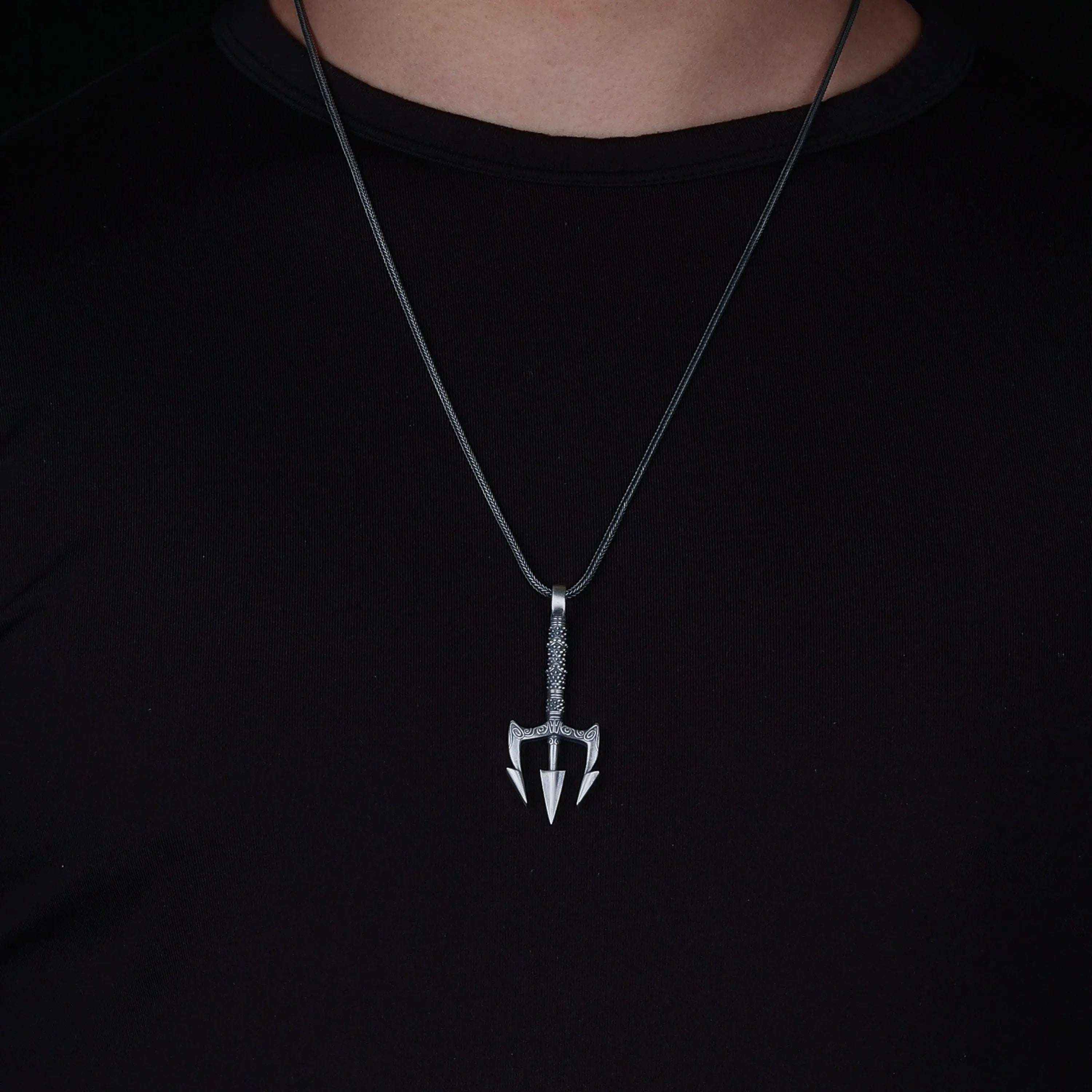 Oxidized Sterling Silver Trident Necklace: Poseidon Spear Pendant