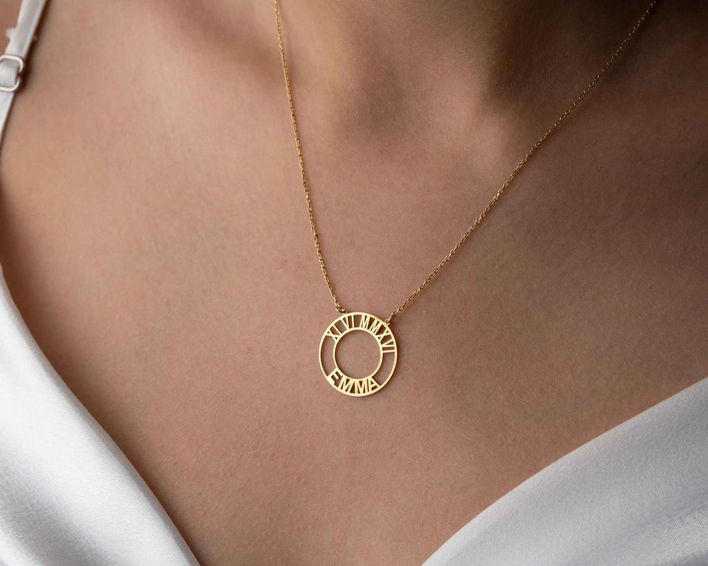 Gold Roman Numeral Necklace: Custom Birthdate Name Pendant
