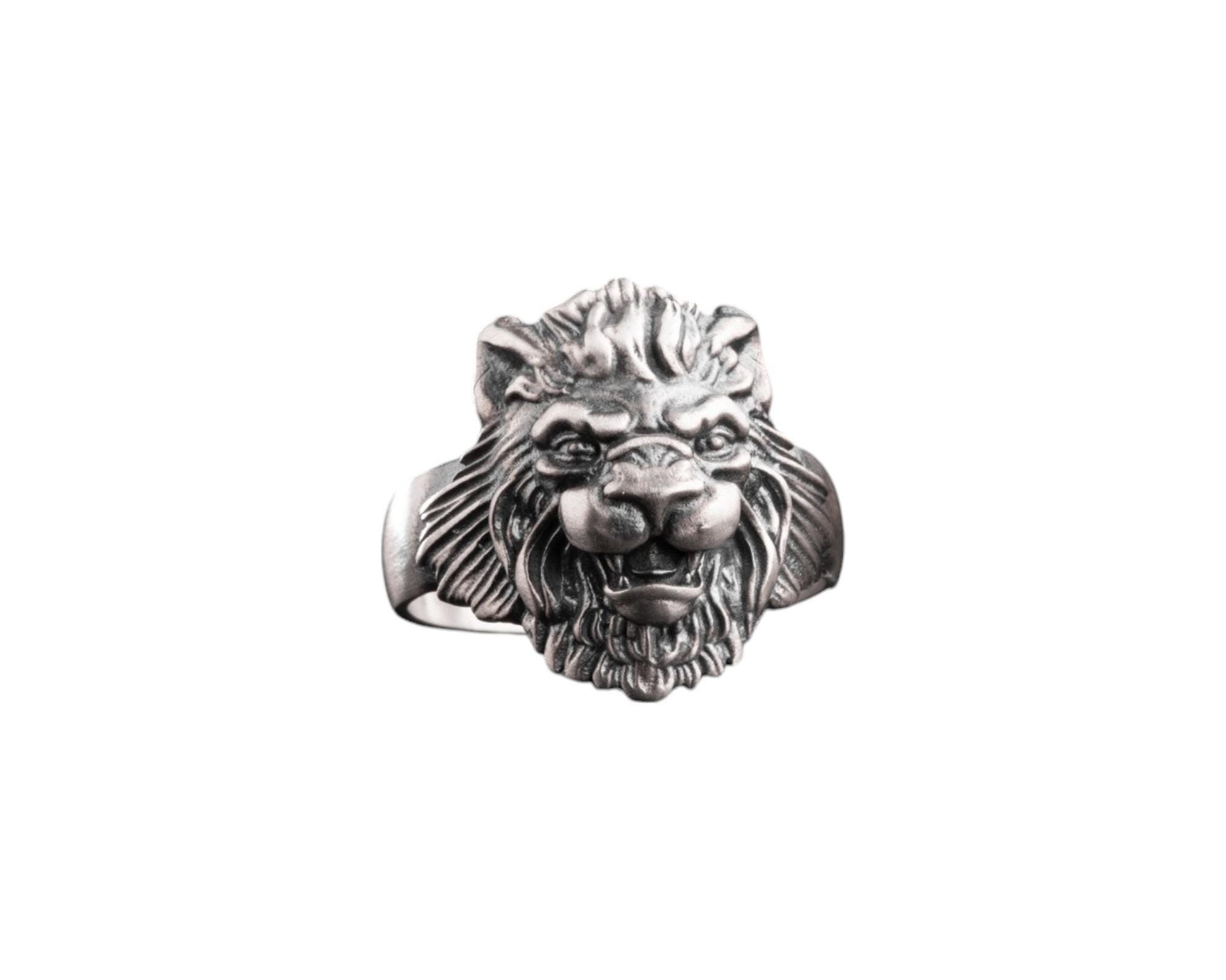 Sterling Silver Lion Head Ring - Handmade Mens Jewelry