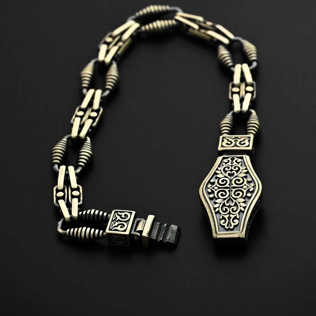 925 Sterling Silver Men’s Bracelet with Ornate Lock | Handmade Gothic Chain Bracelet