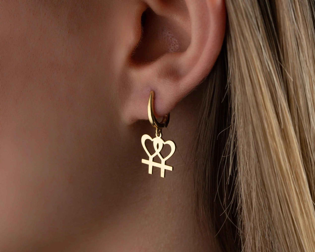 Solid Gold Lesbian Pride Heart Earrings: Venus Symbol Jewelry
