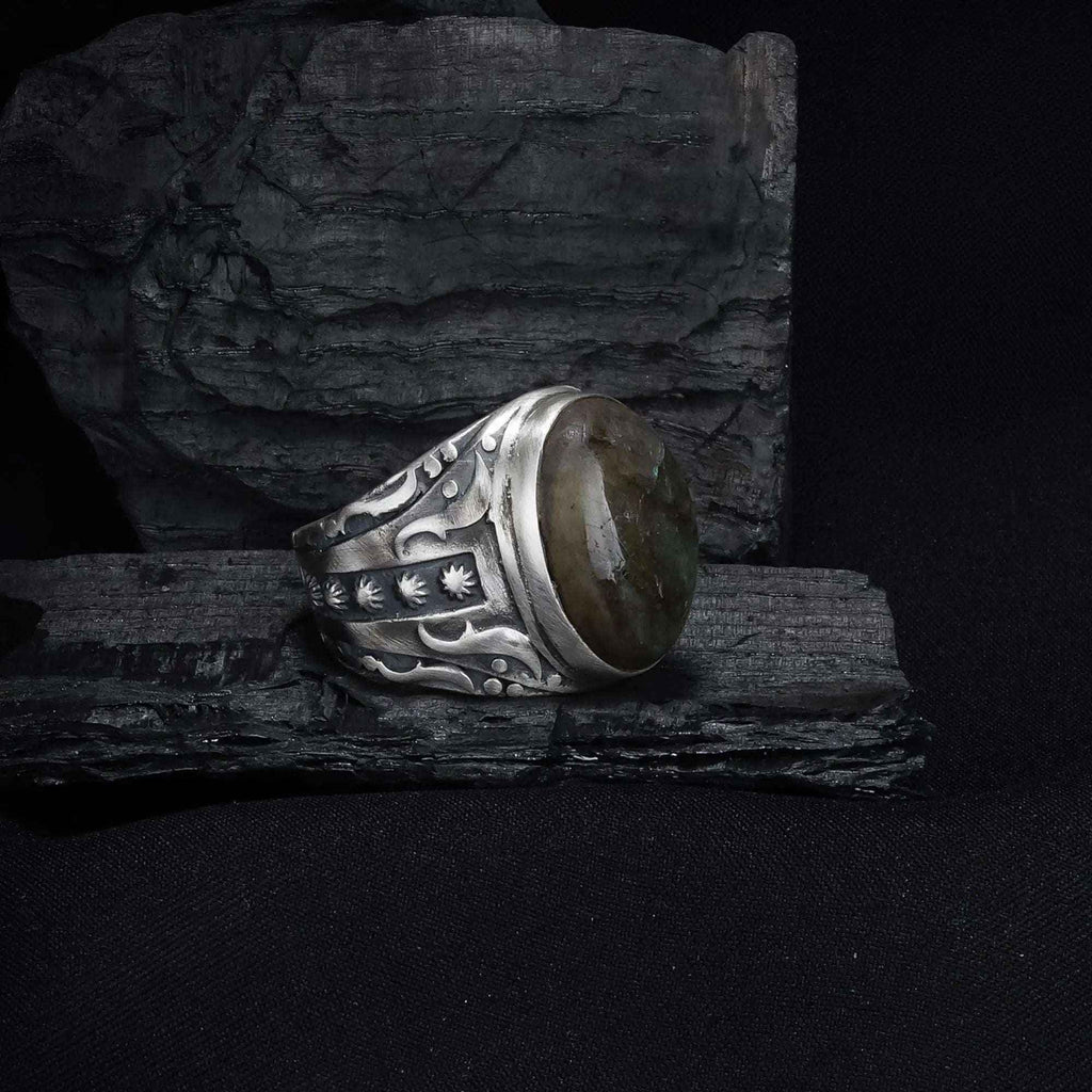 Large Labradorite Sterling Silver Ring - Handmade Mens Gemstone Ring