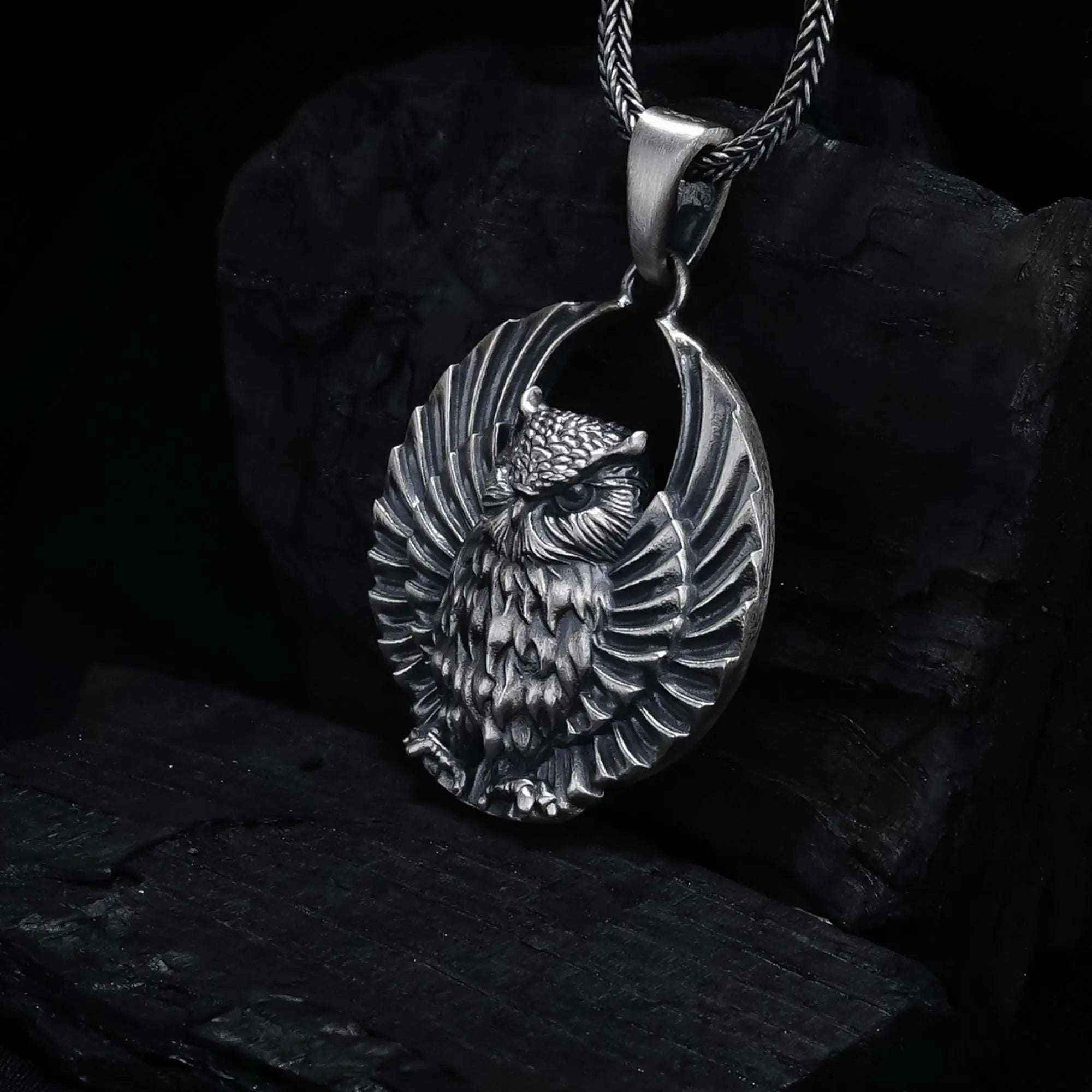 Sterling Silver Owl Pendant Necklace: Open Wings, Night Bird Jewelry