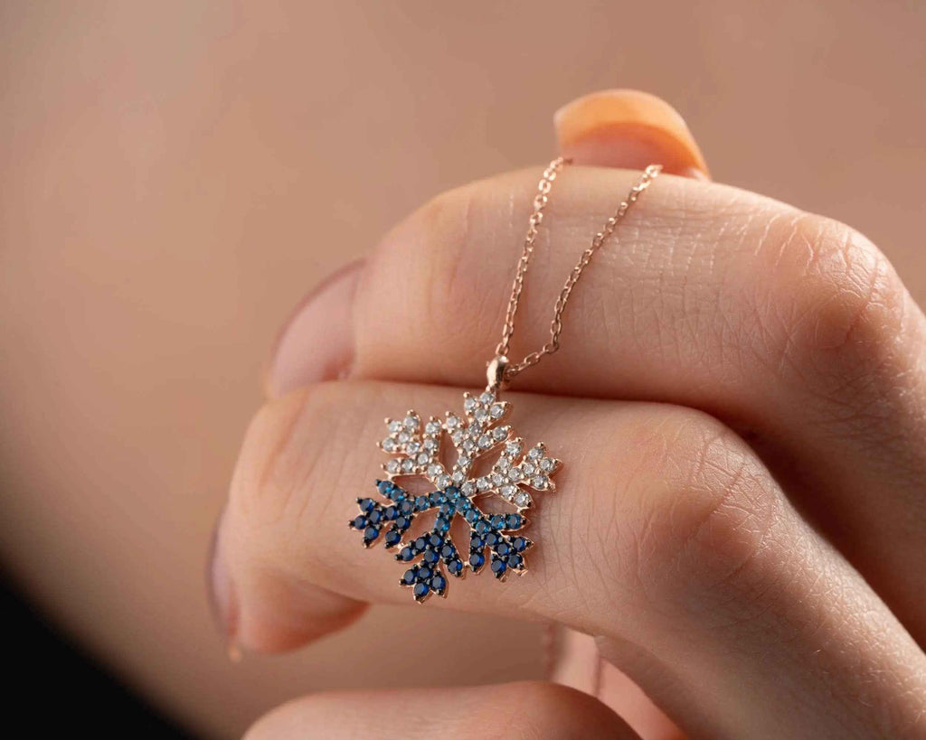Sterling Silver Snowflake Necklace, Rose Gold Finish, Christmas Jewelry