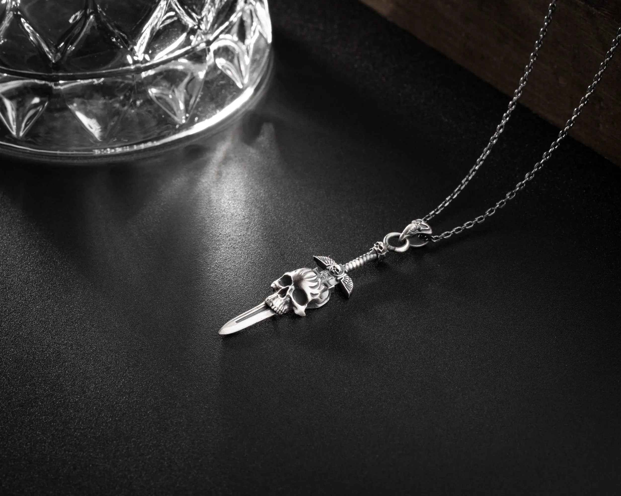 Sterling Silver Skull Sword Necklace: Gothic Viking Pendant