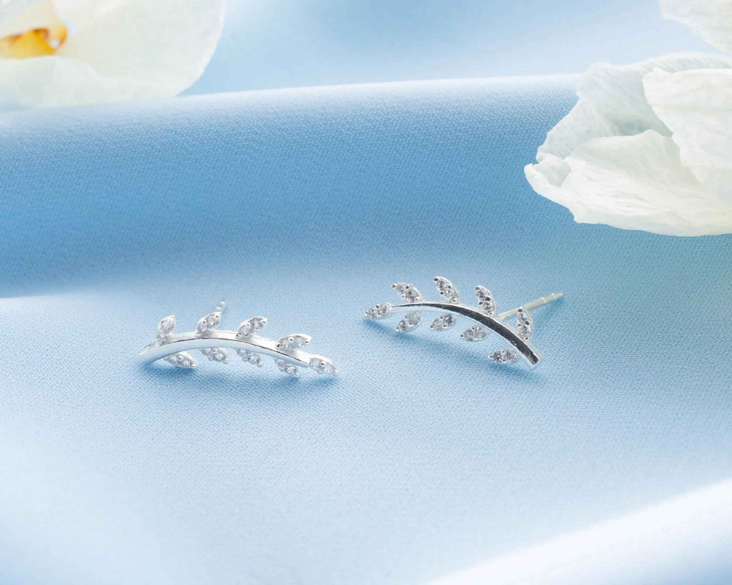 Sterling Silver Leaf Crawler Earrings: Olive Branch Design