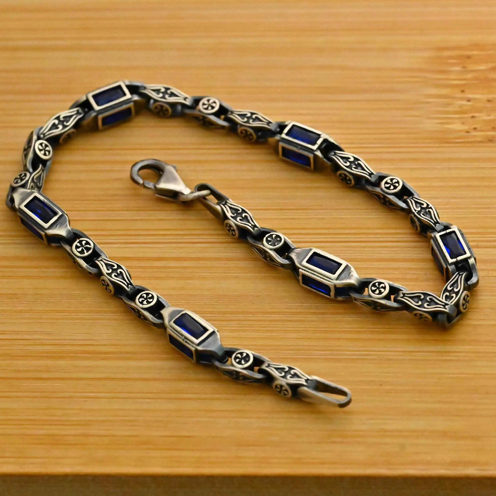 Sterling Silver Men's Bracelet: Blue Zircon Vintage Link Design