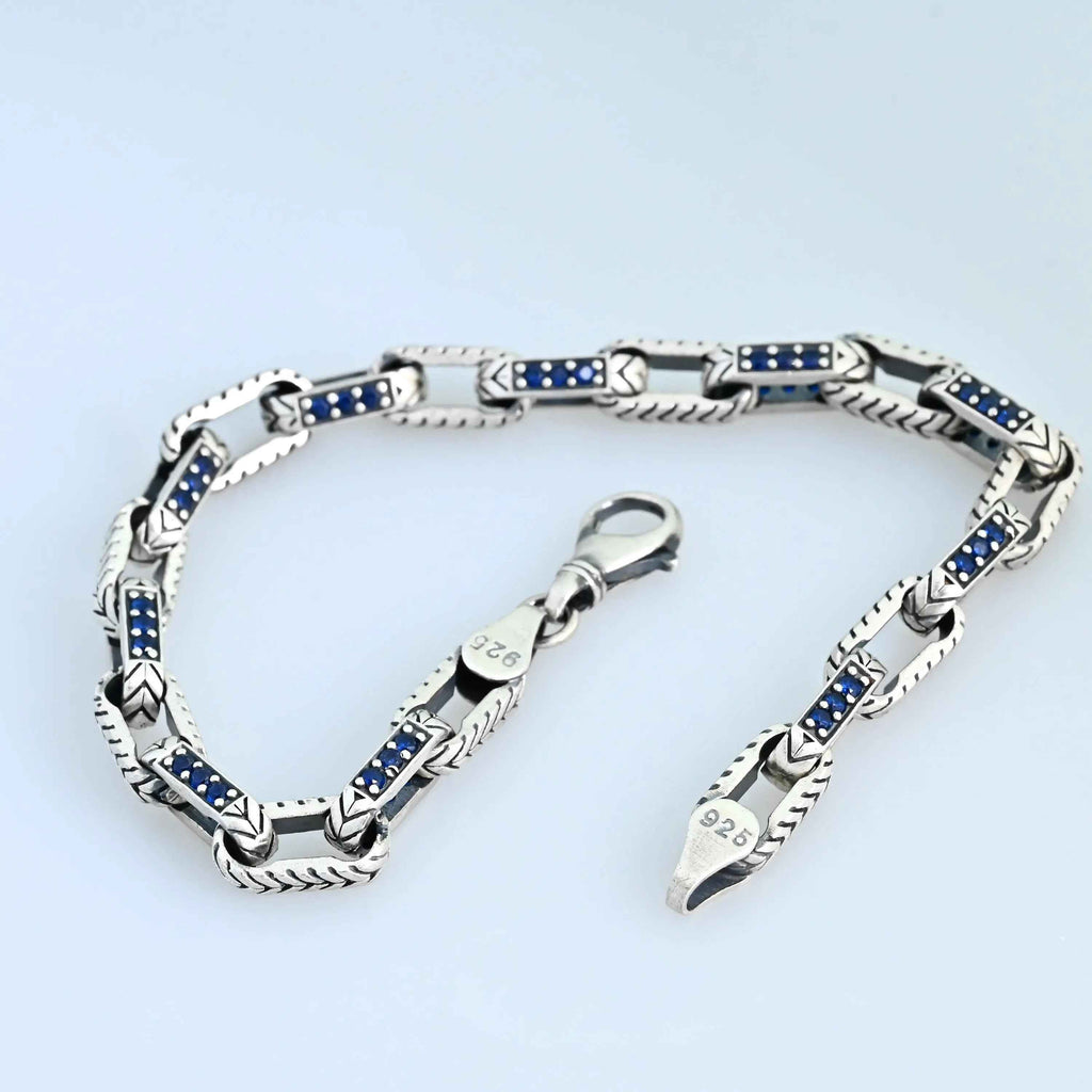 925 Sterling Silver Men’s Bracelet with Blue Stones, Handmade Chain Bracelet, Bold Masculine Jewelry