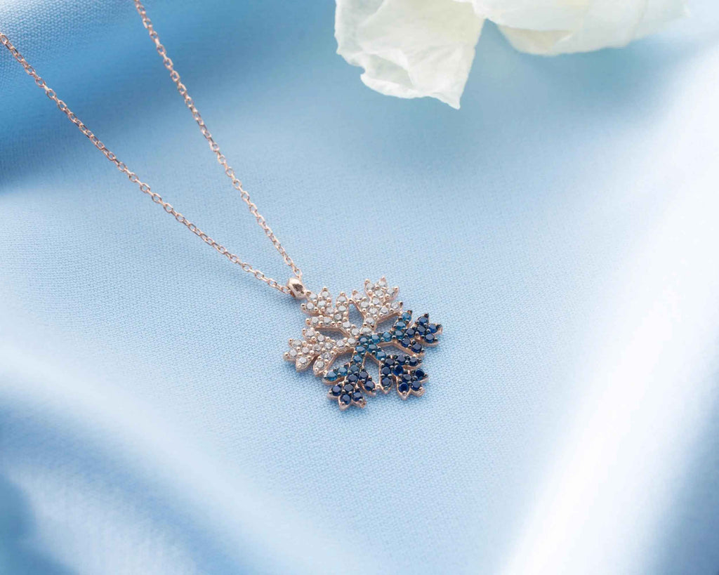 Sterling Silver Snowflake Necklace, Rose Gold Finish, Christmas Jewelry