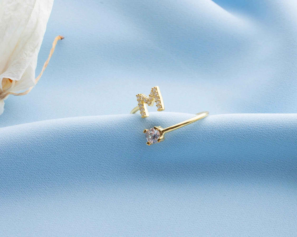 Sterling Silver Stone Initial Ring: Personalized Letter Ring