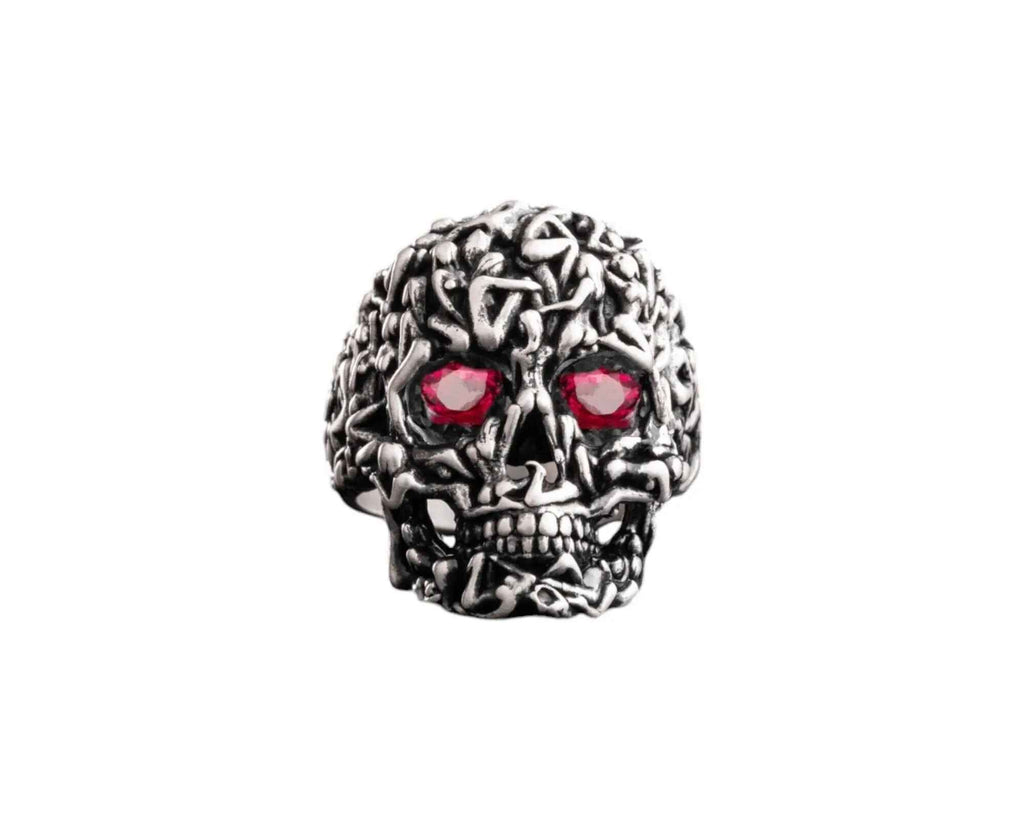 Sterling Silver Skull Ring: Gothic Red Zircon Stone Jewelry
