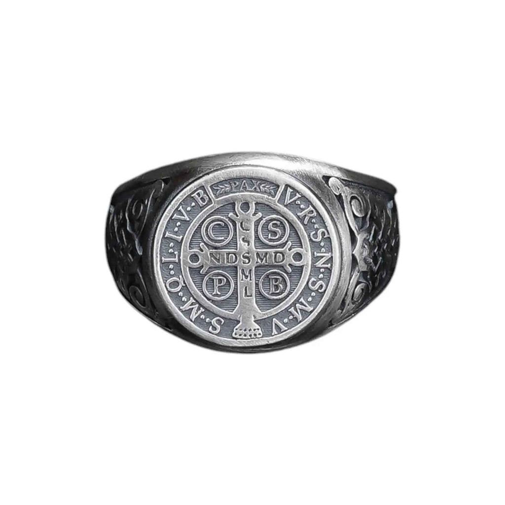 Sterling Silver St Benedict Medal Ring: Religious Signet Jewelry