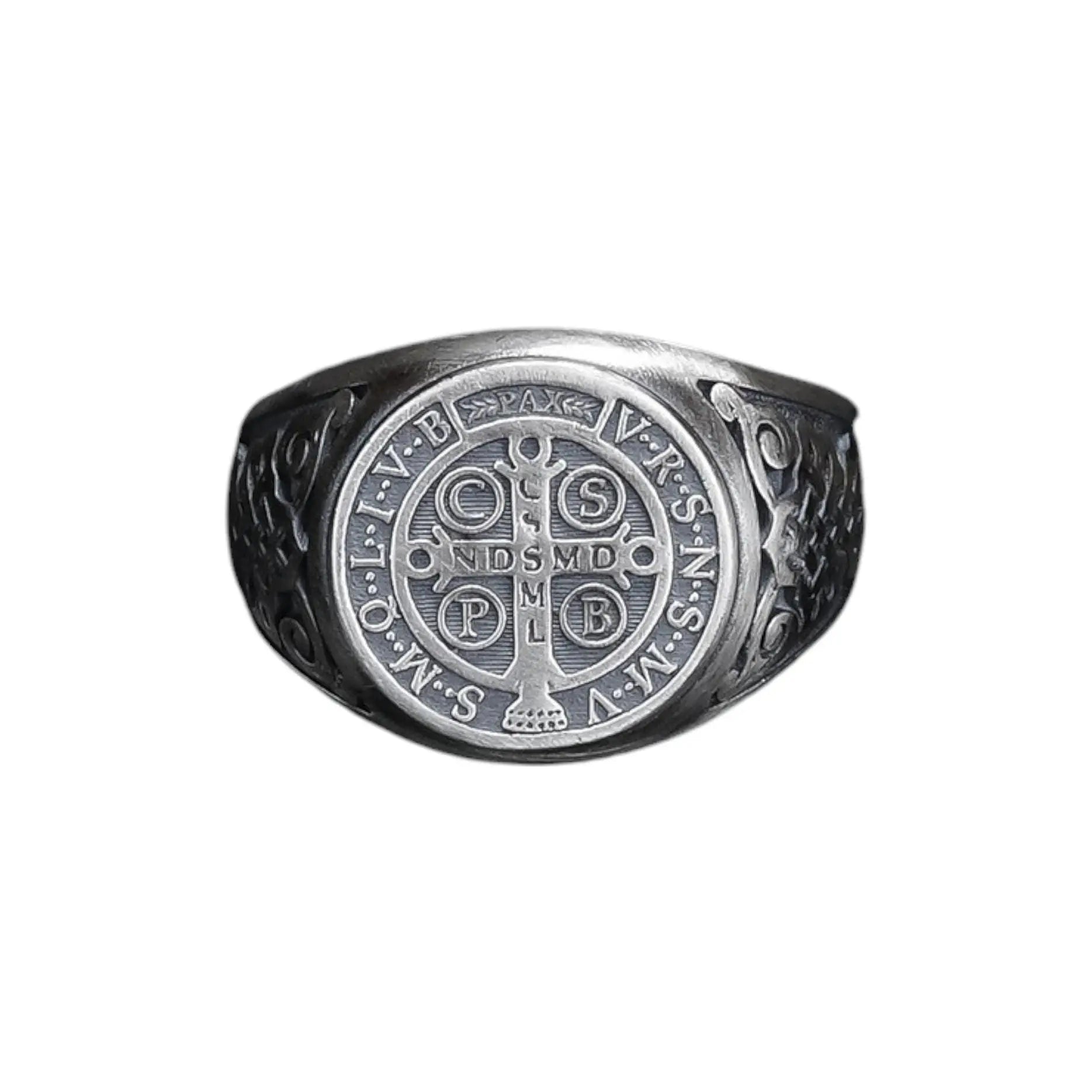 Bague en argent sterling avec médaille de Saint Benoît : Bijou religieux type chevalière
