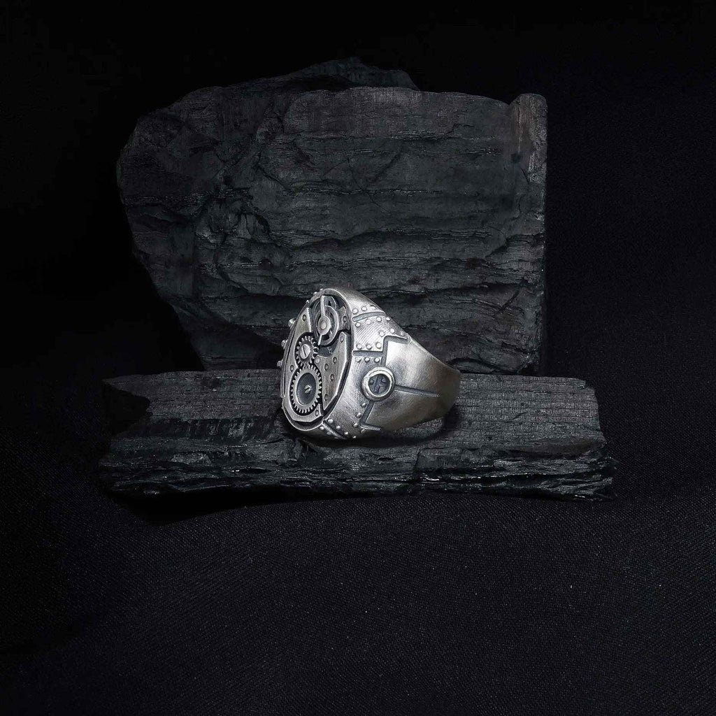 Sterling Silver Steampunk Gear Ring: Mechanical Gothic Jewelry