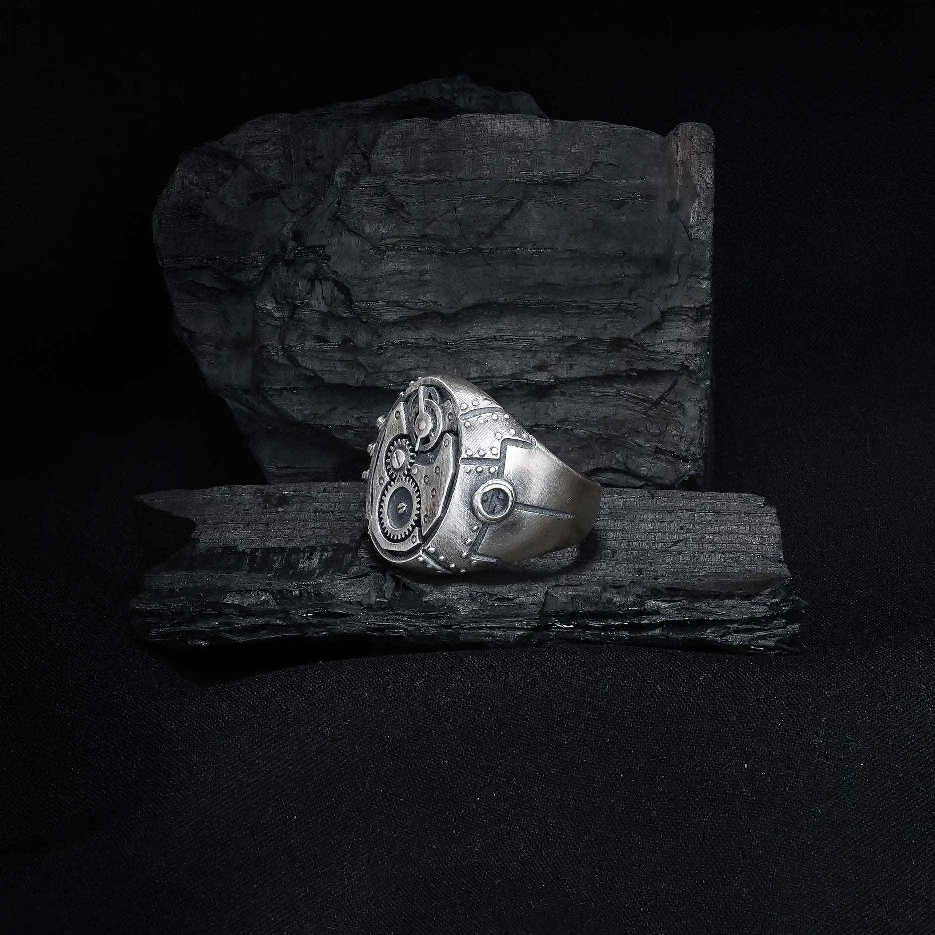 Sterling Silver Steampunk Gear Ring: Mechanical Gothic Jewelry