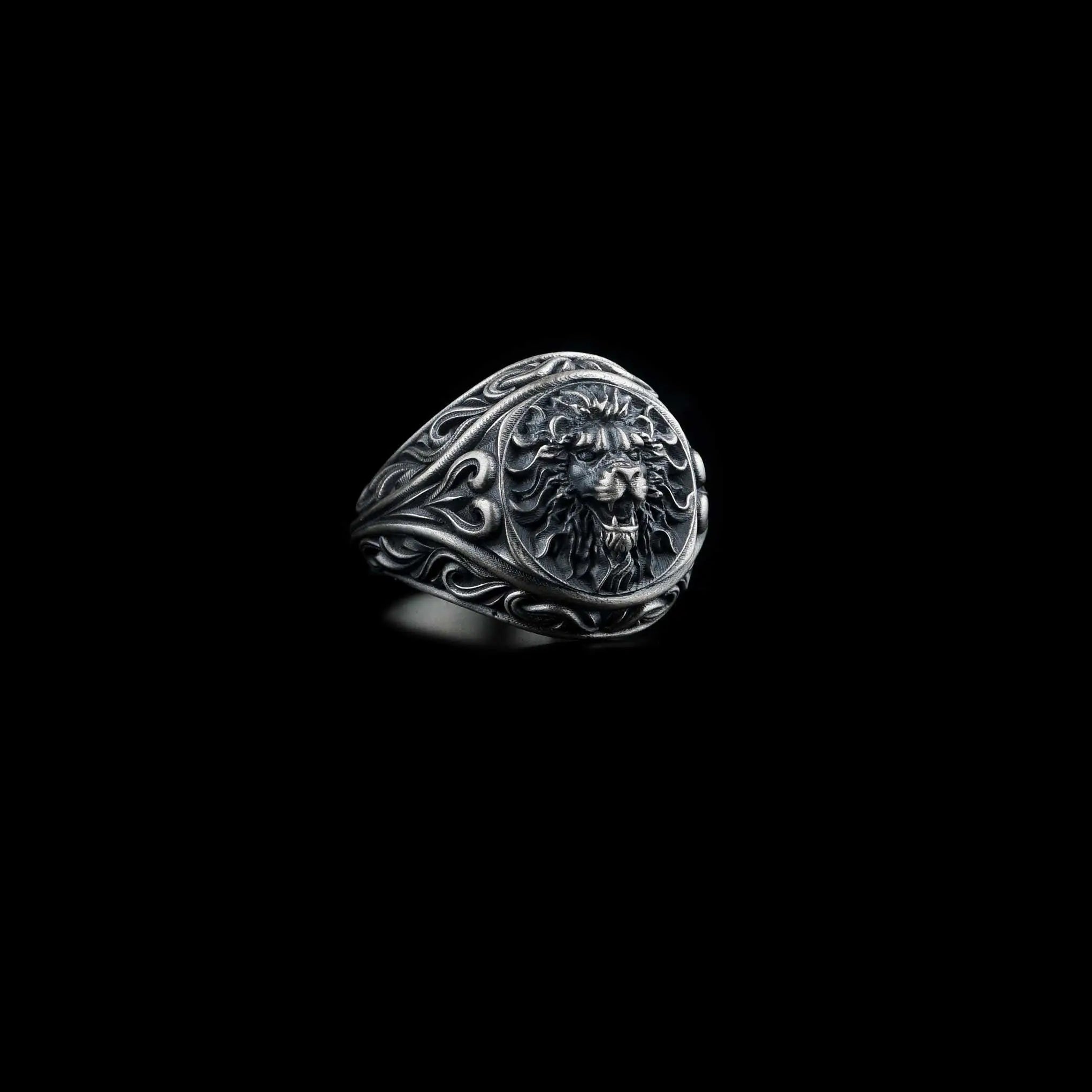 Bague Tête de Lion en Argent Sterling Oxydé : Bijoux Animaux