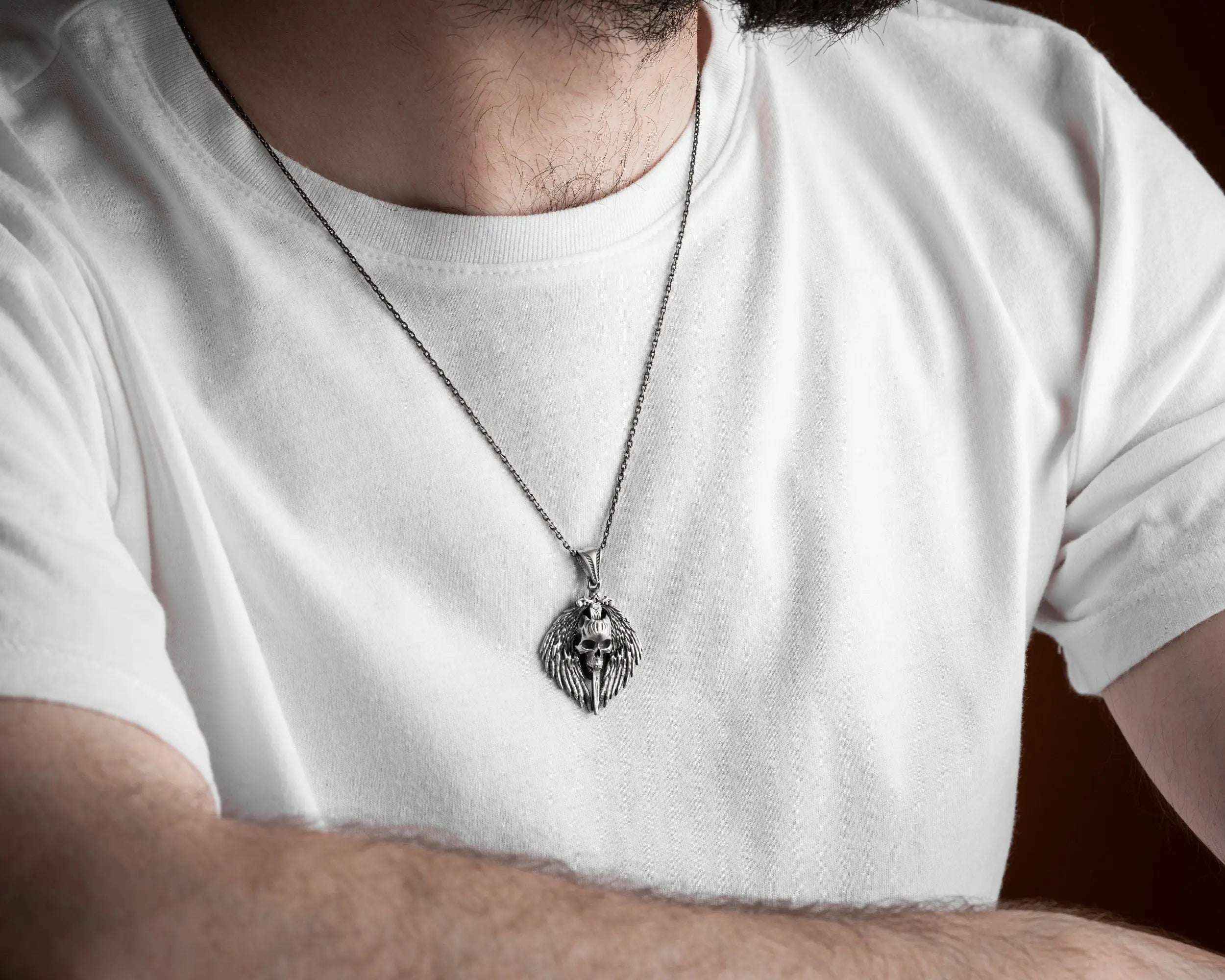 Oxidized Sterling Silver Skull Sword Necklace: Vintage Skull Charm