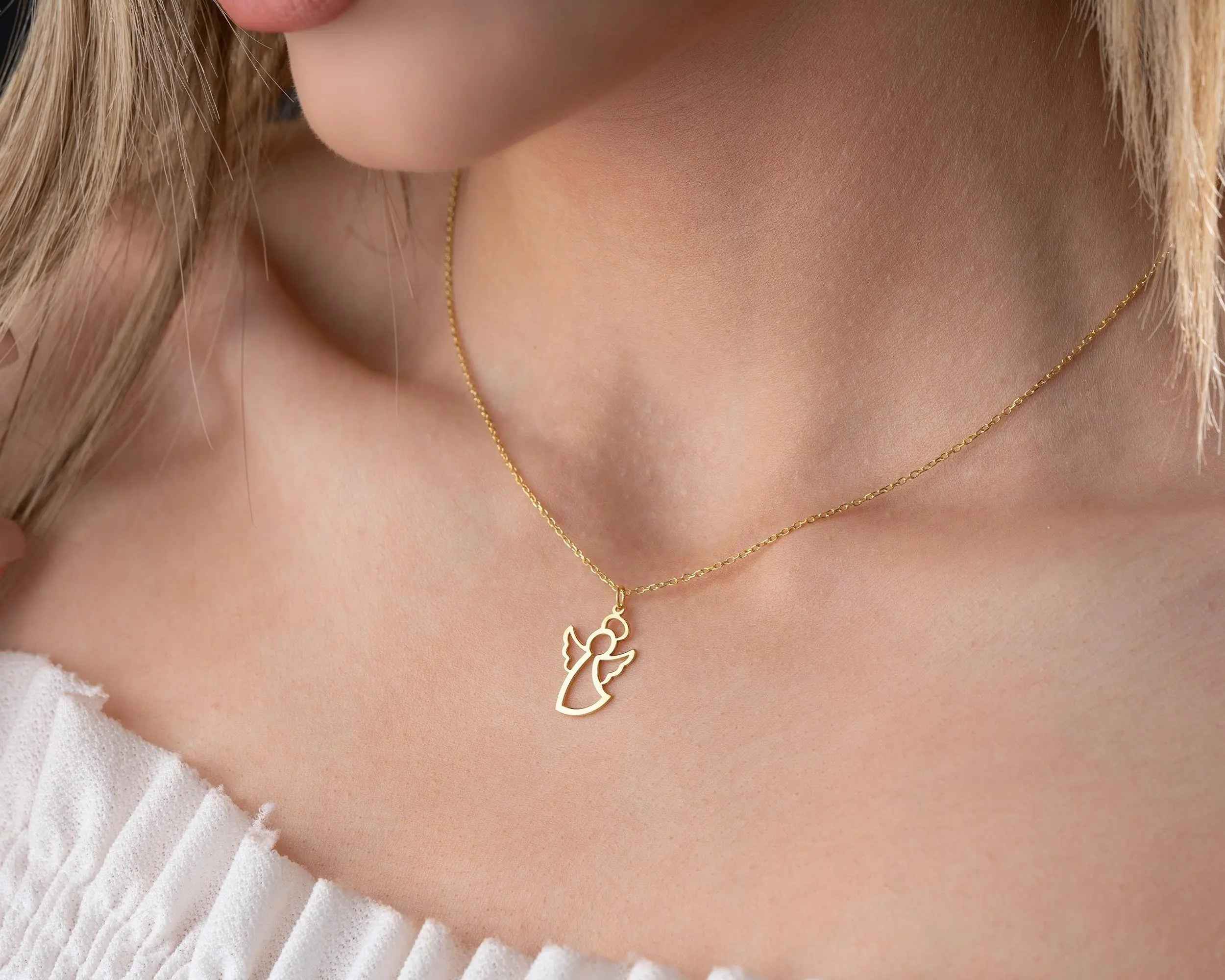 Sterling Silver Angel Necklace: Gold Angel Wings Pendant