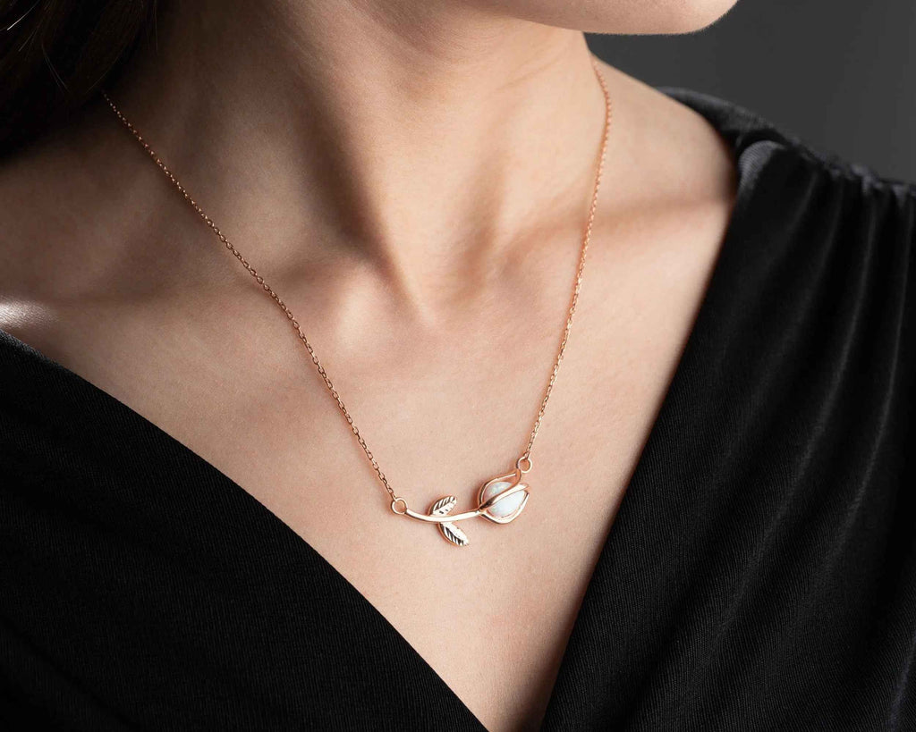 Opal Tulip Necklace: 925 Sterling Silver Pendant, Handmade