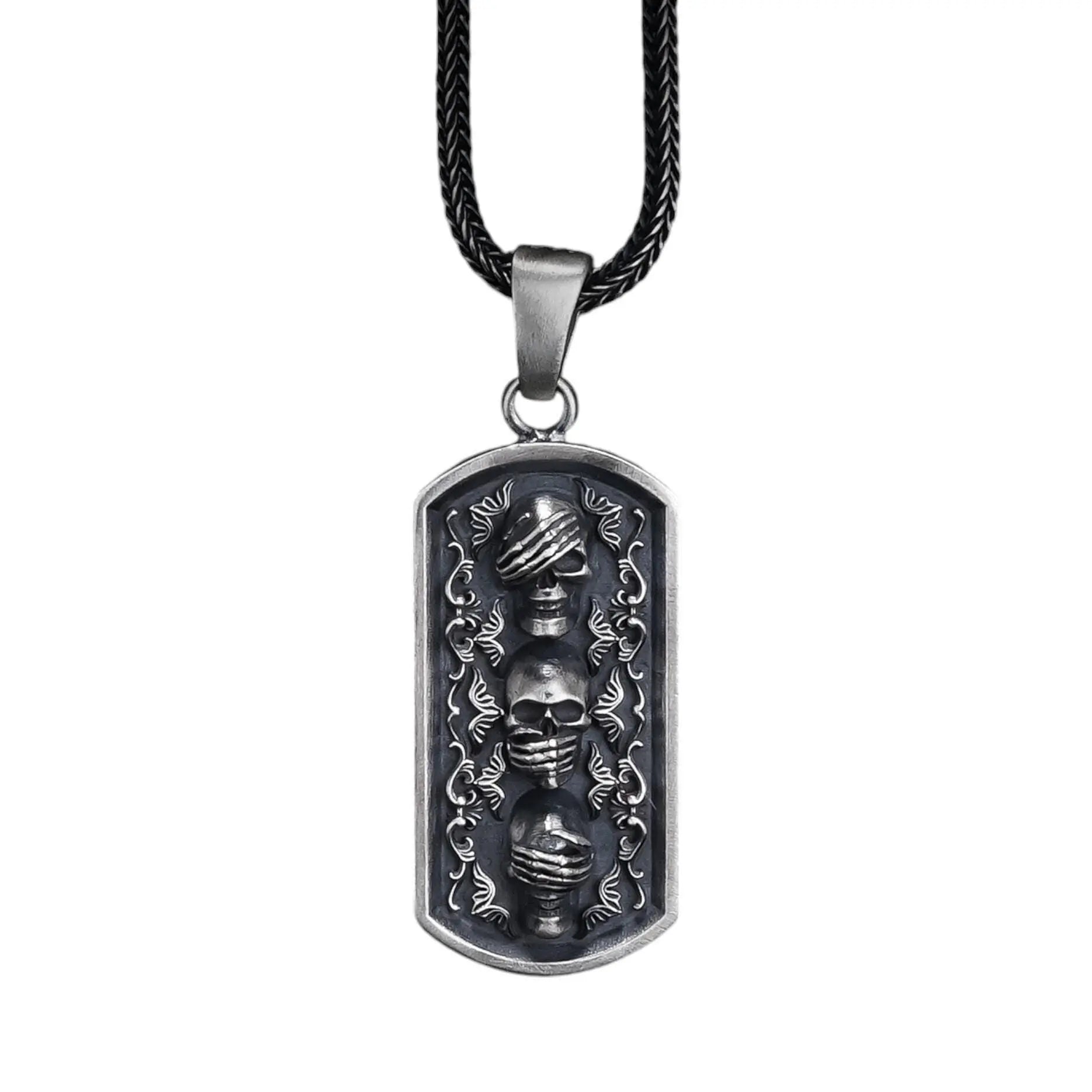 Collier Trois Crânes Sages en Argent Sterling : Bijoux Pendentif Gothique