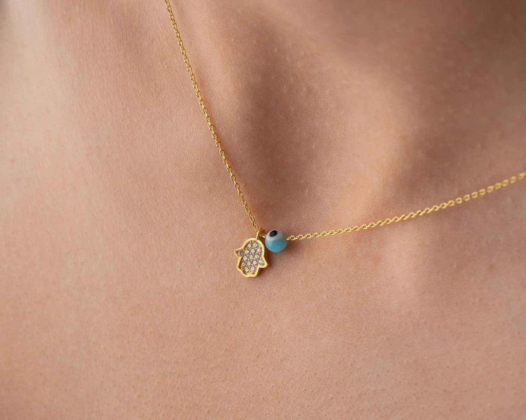 Gold Hamsa Necklace: Sterling Silver Fatima Hand Pendant