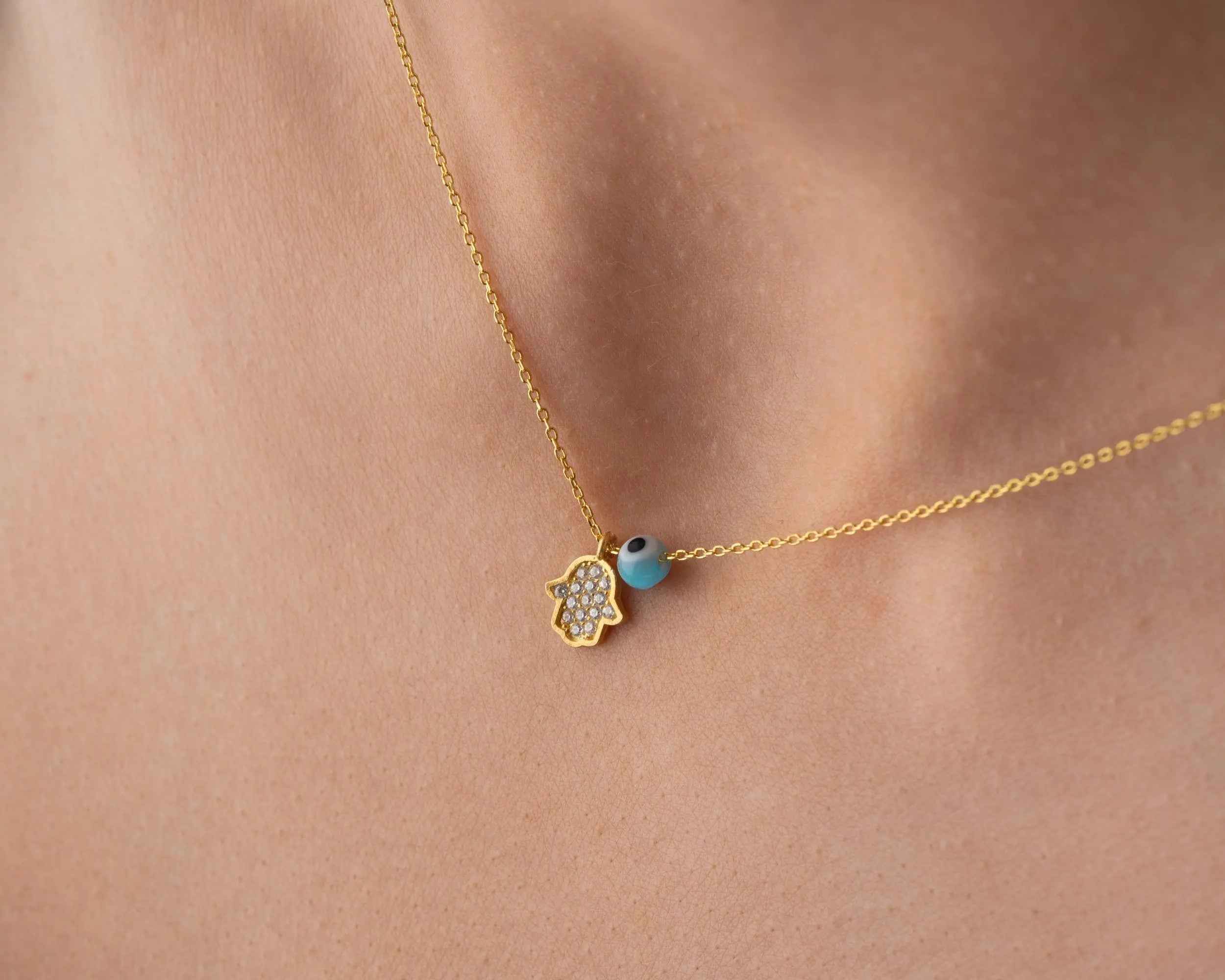 Gold Hamsa Necklace: Sterling Silver Fatima Hand Pendant