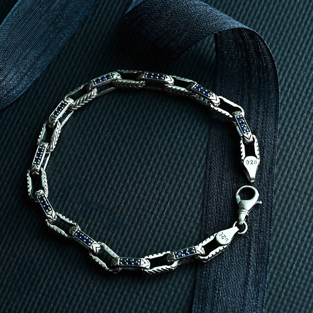 925 Sterling Silver Men’s Bracelet with Blue Stones, Handmade Chain Bracelet, Bold Masculine Jewelry
