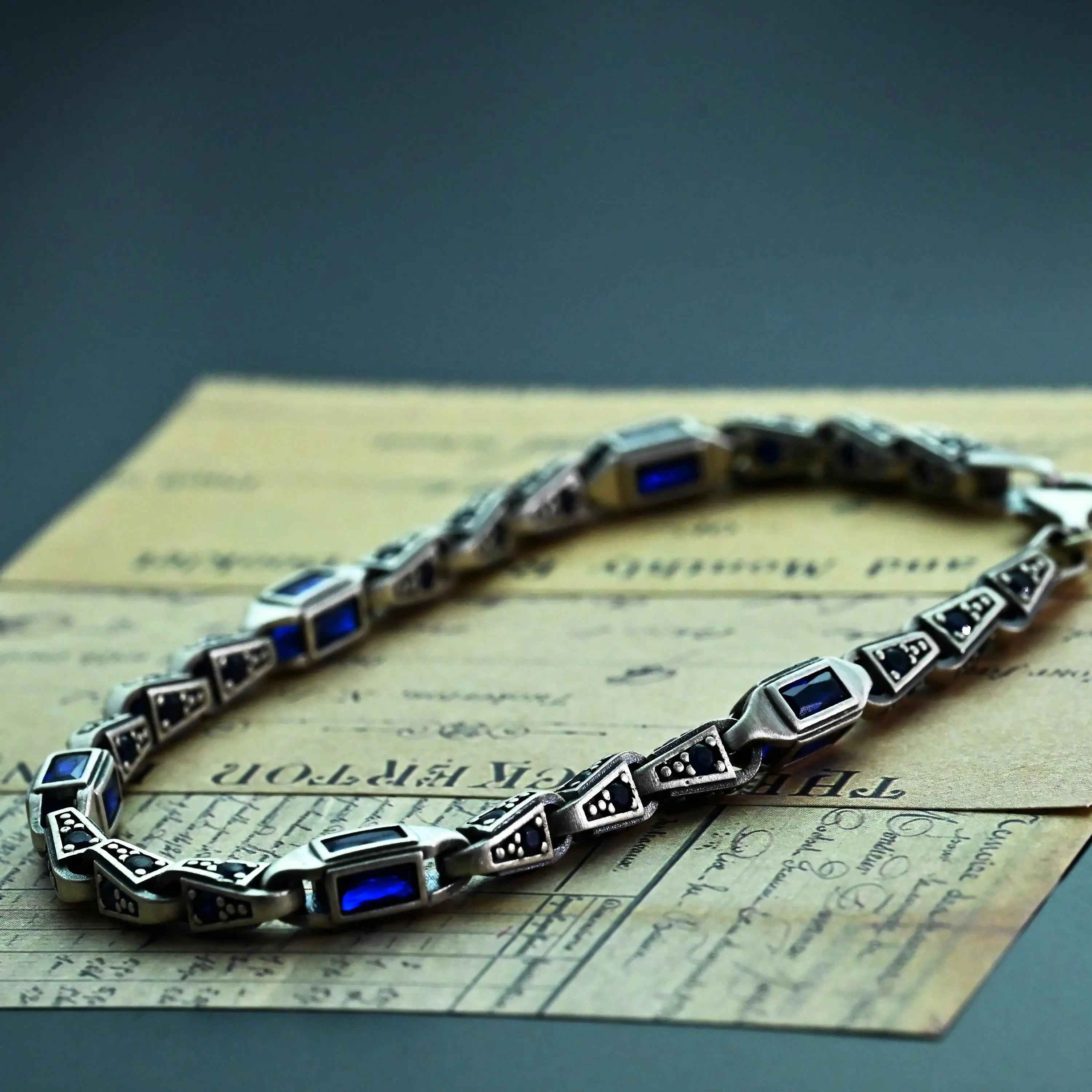 925 Sterling Silver Blue Baguette Bracelet for Men, Modern Men’s Jewelry Gift