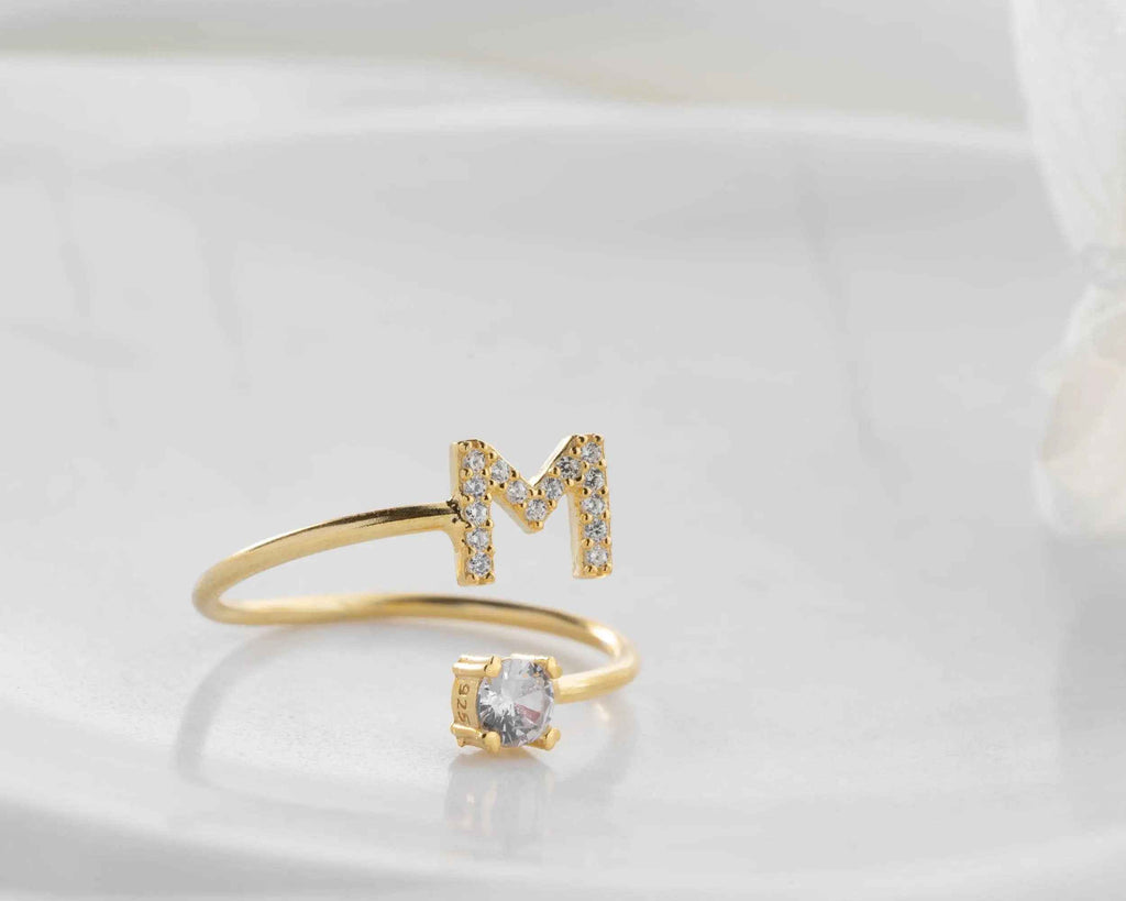 Sterling Silver Initial Ring with Stone: Personalized Letter Ring