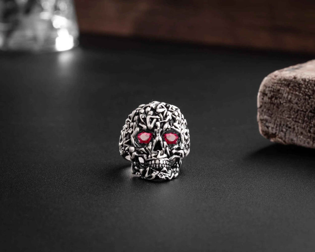Sterling Silver Skull Ring: Gothic Red Zircon Stone Jewelry