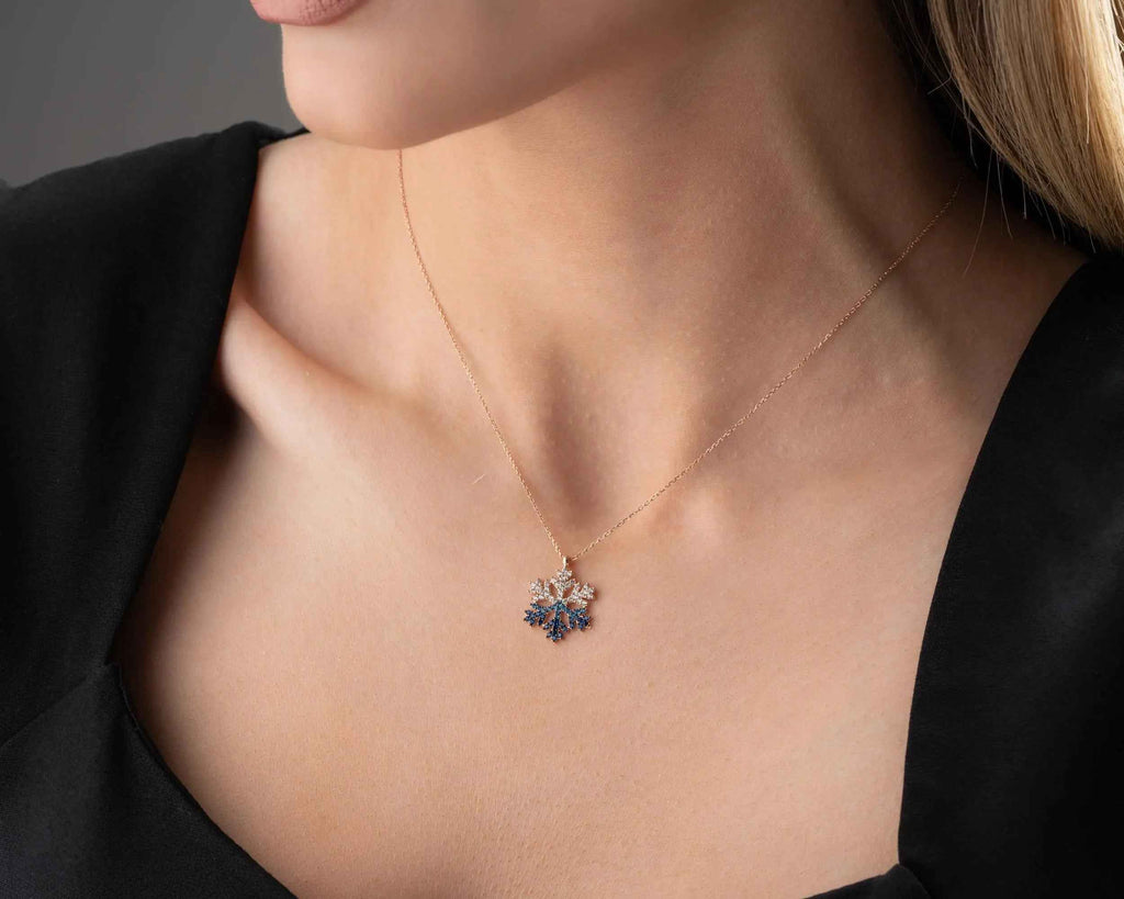 Sterling Silver Snowflake Necklace, Rose Gold Finish, Christmas Jewelry
