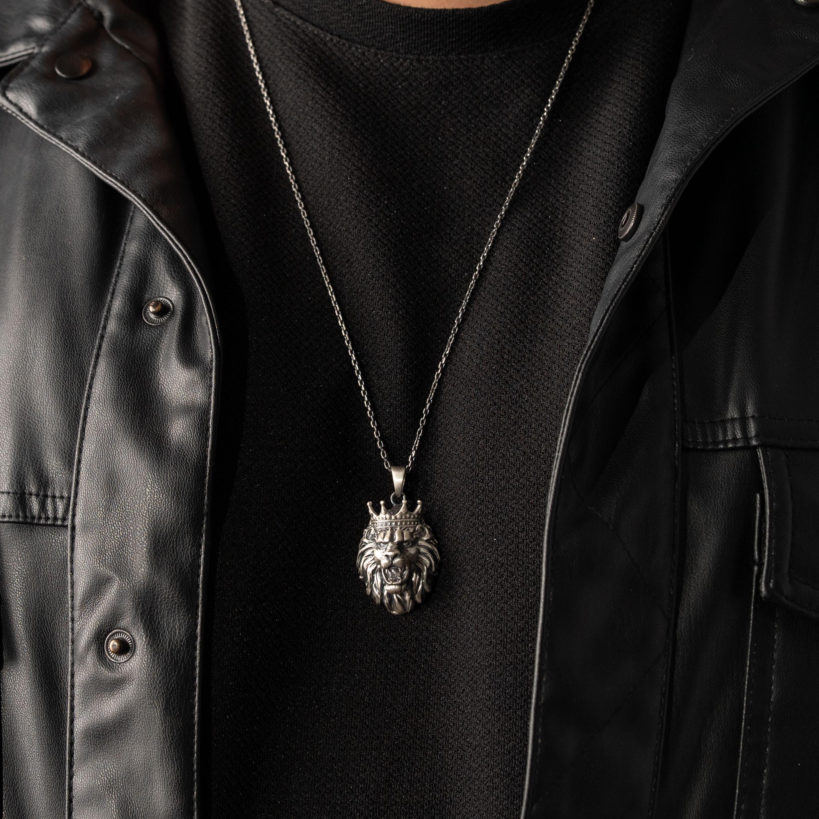 Crowned Roaring Lion Motif Necklace  Ring  Charmora Jewelry