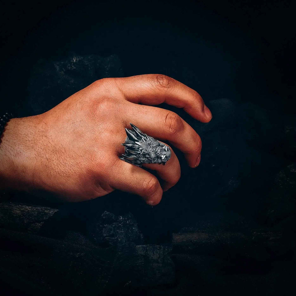 Oxidized Sterling Silver Dragon Ring: Gothic Mens Jewelry