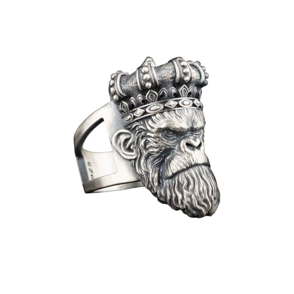 Sterling Silver Gorilla Head Ring: Biker Animal Jewelry