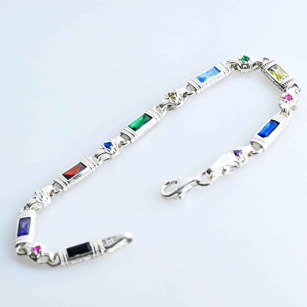 Multicolor Baguette Stone Sterling Silver Bracelet – Men’s Statement Jewelry, Gift for Him