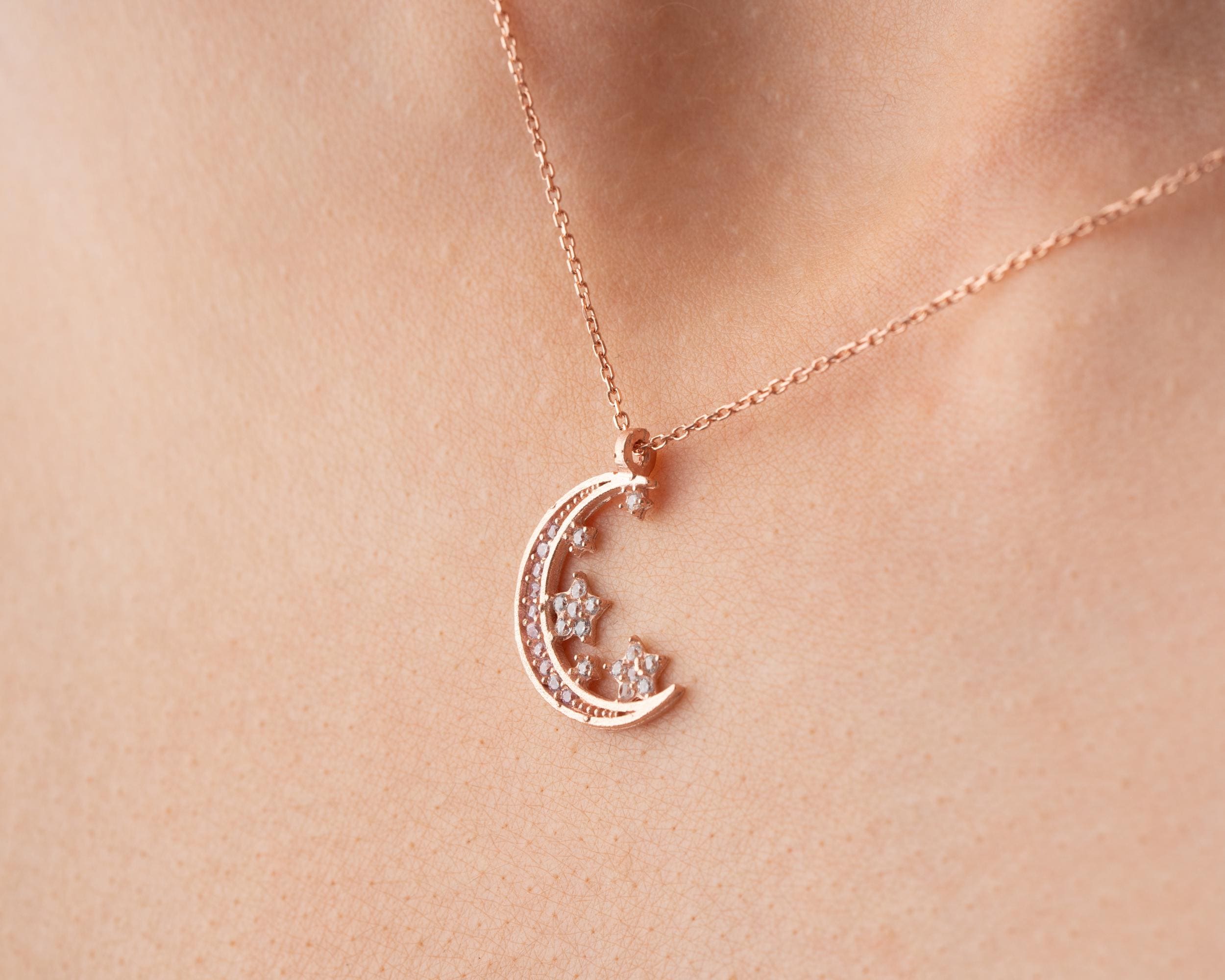 Sterling Silver Crescent Moon and Star Necklace: Celestial Jewelry
