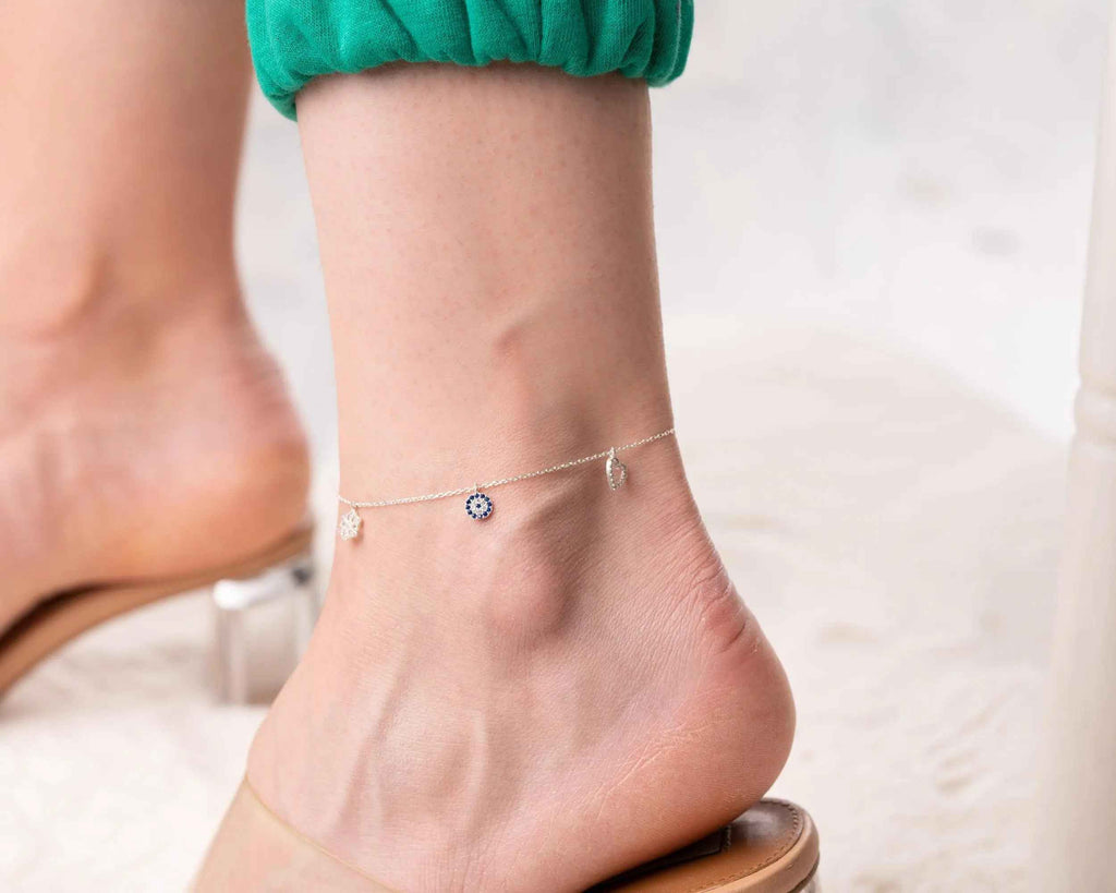 Sterling Silver Charm Anklet: Evil Eye, Heart, Snowflake