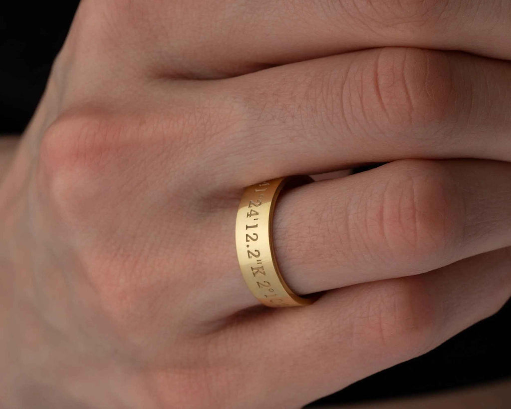 Solid Gold Coordinates Ring: Custom Engraved Anniversary Jewelry