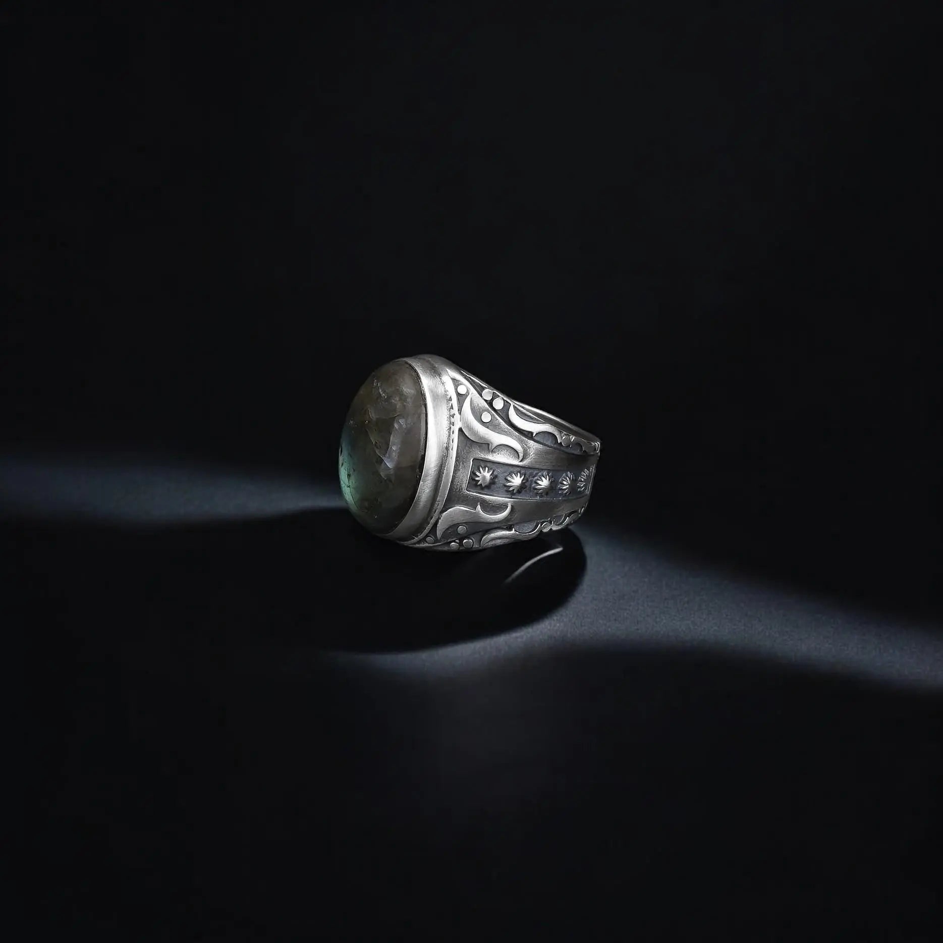 Large Labradorite Sterling Silver Ring - Handmade Mens Gemstone Ring   Charmora Jewelry