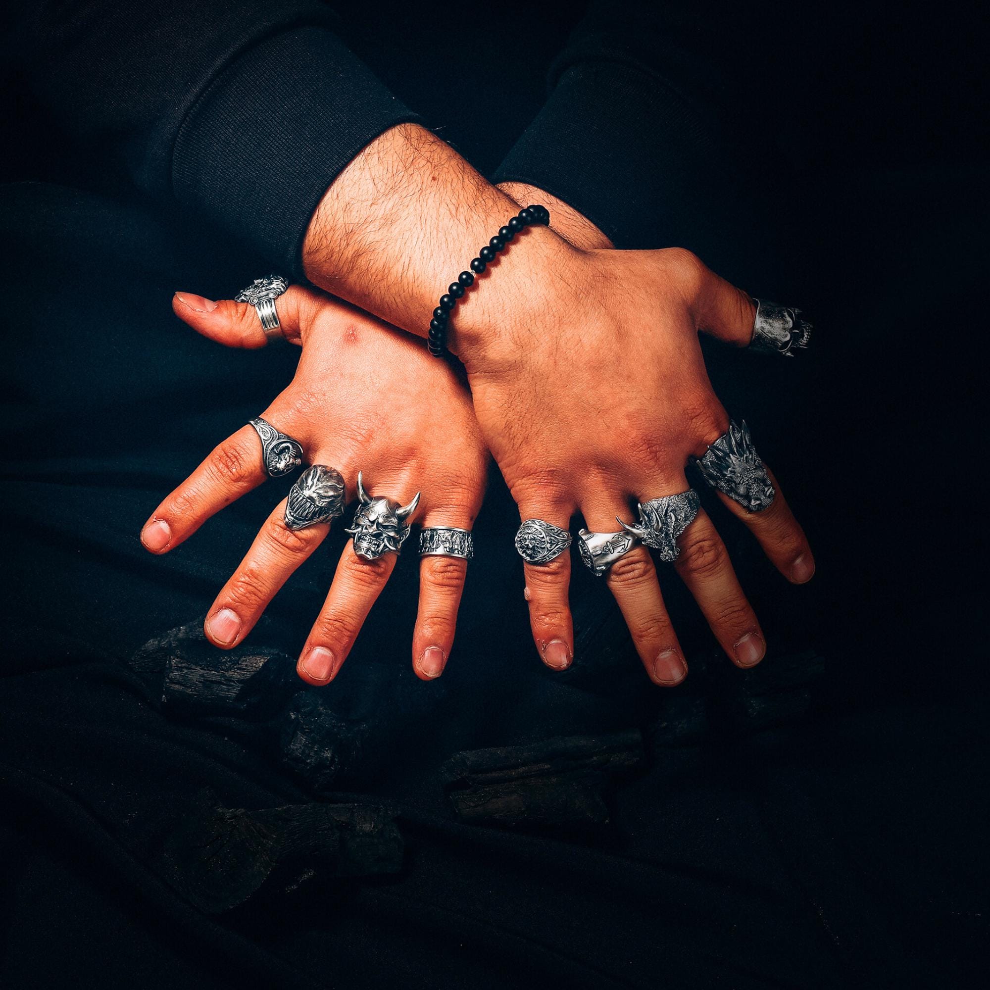 Oxidized Sterling Silver Demon Skull Ring, Gothic Biker Jewelry