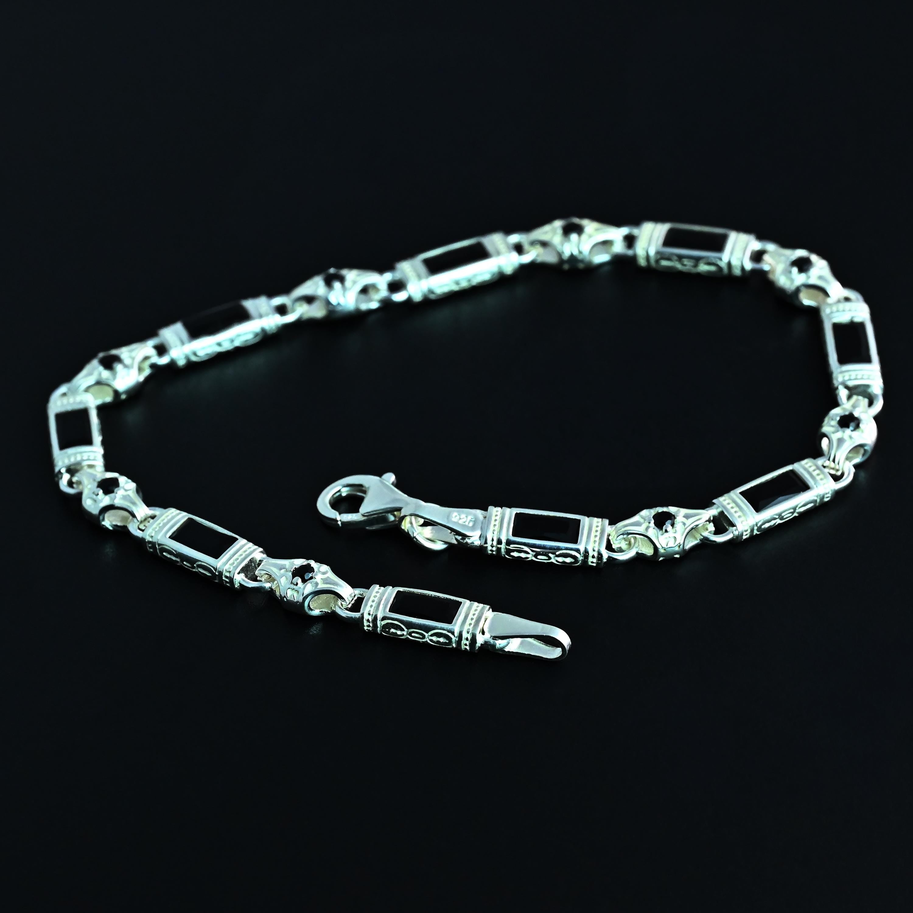 Black Zircon Baguette Stone Bracelet – Handmade Sterling Silver Chain