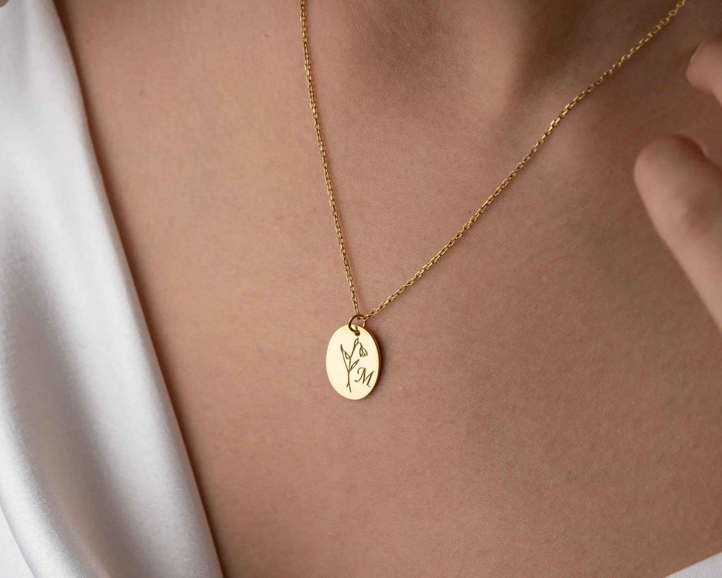 Birth Flower Initial Necklace: Engraved Sterling Silver Personalized Jewelry