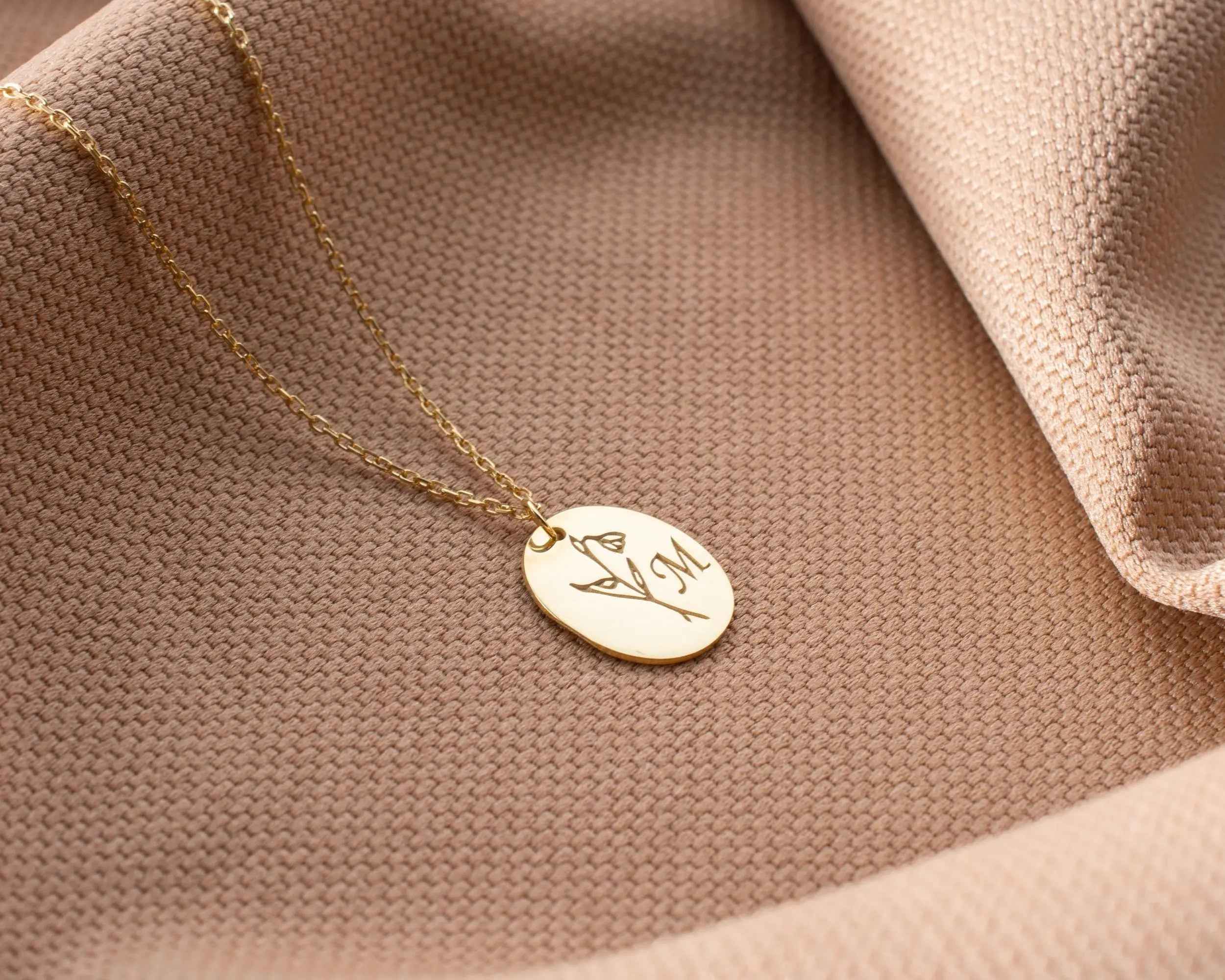 Birth Flower Initial Necklace: Engraved Sterling Silver Personalized Jewelry