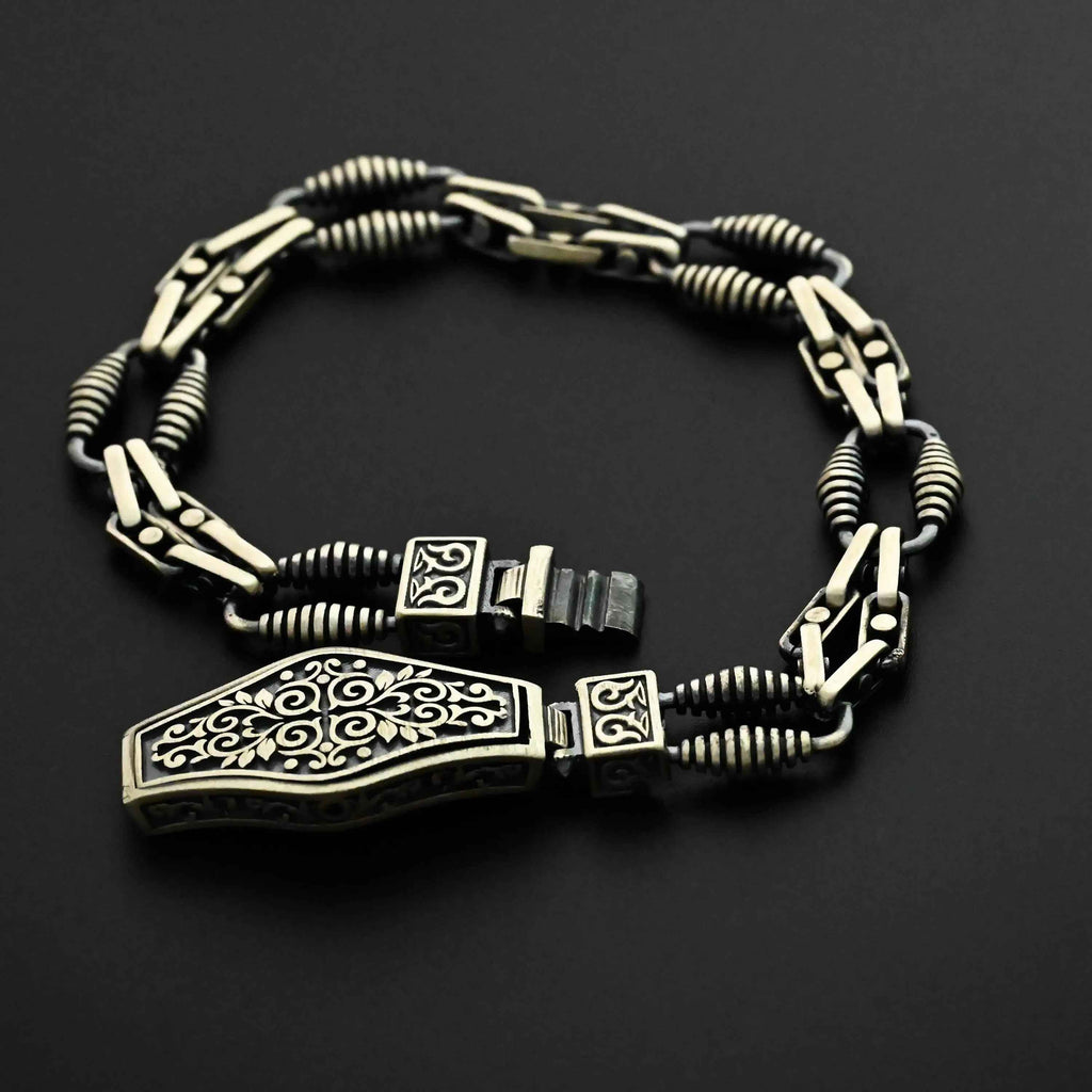 925 Sterling Silver Men’s Bracelet with Ornate Lock | Handmade Gothic Chain Bracelet