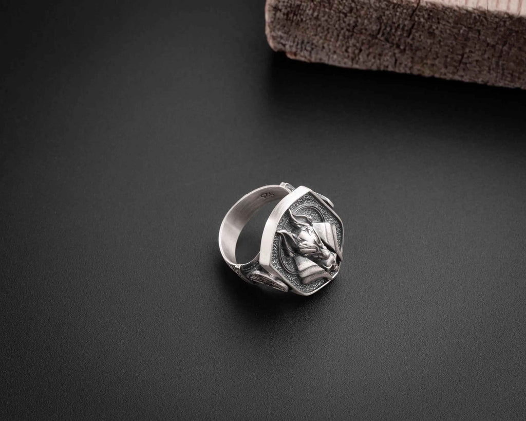 Anubis Skull Sterling Silver Ring - Ancient Egyptian Mens Jewelry