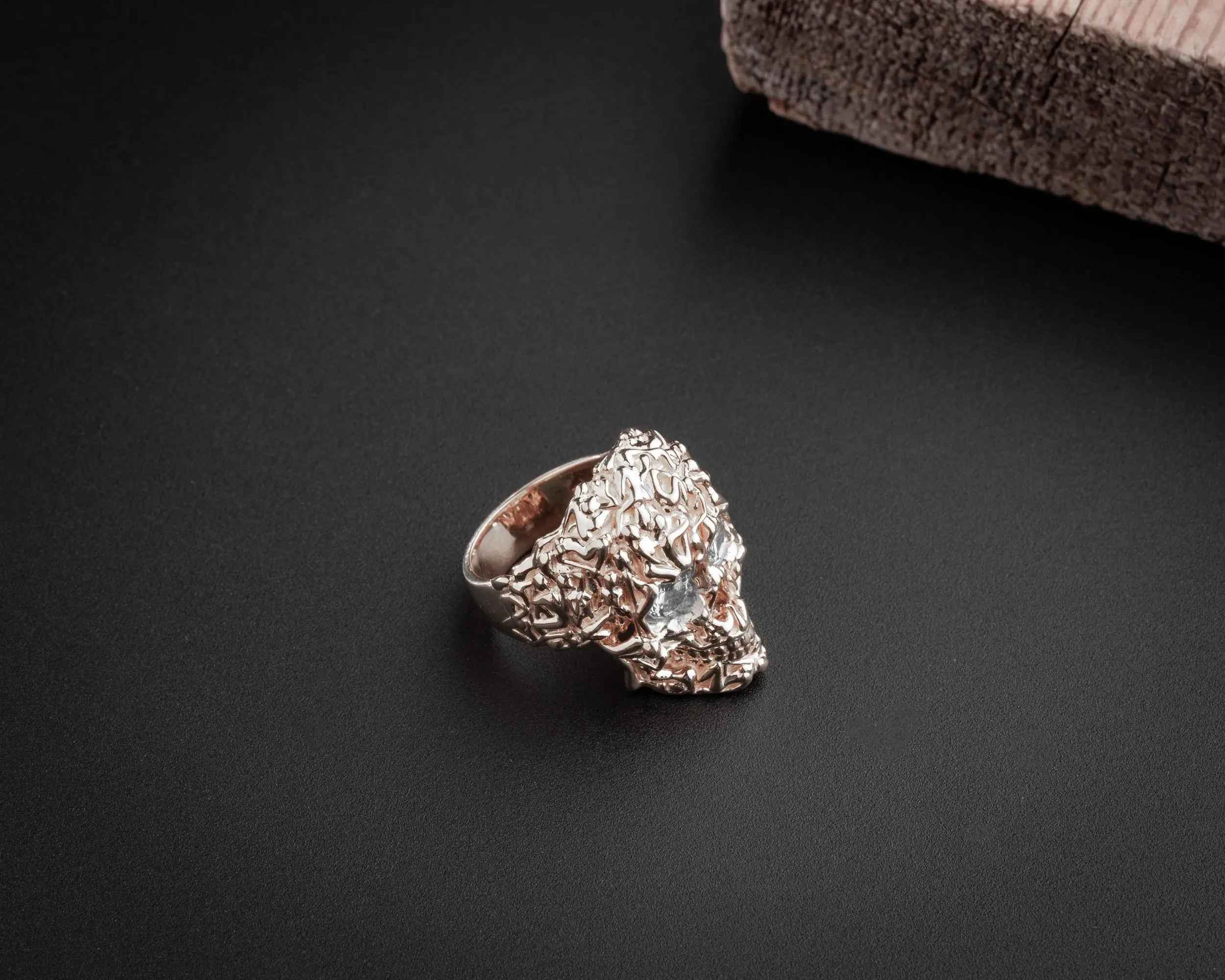Sterling Silver Skull Ring: Gothic Zircon Stone Band