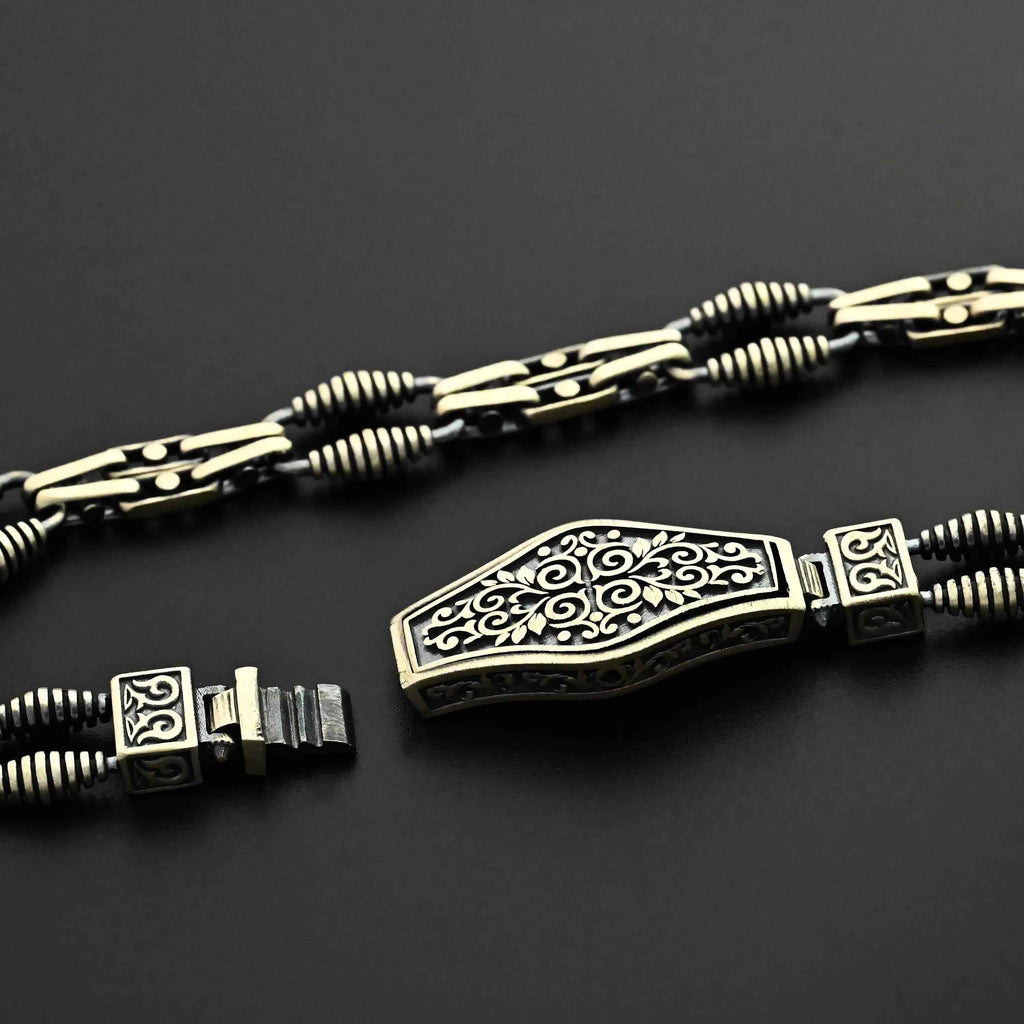 925 Sterling Silver Men’s Bracelet with Ornate Lock | Handmade Gothic Chain Bracelet