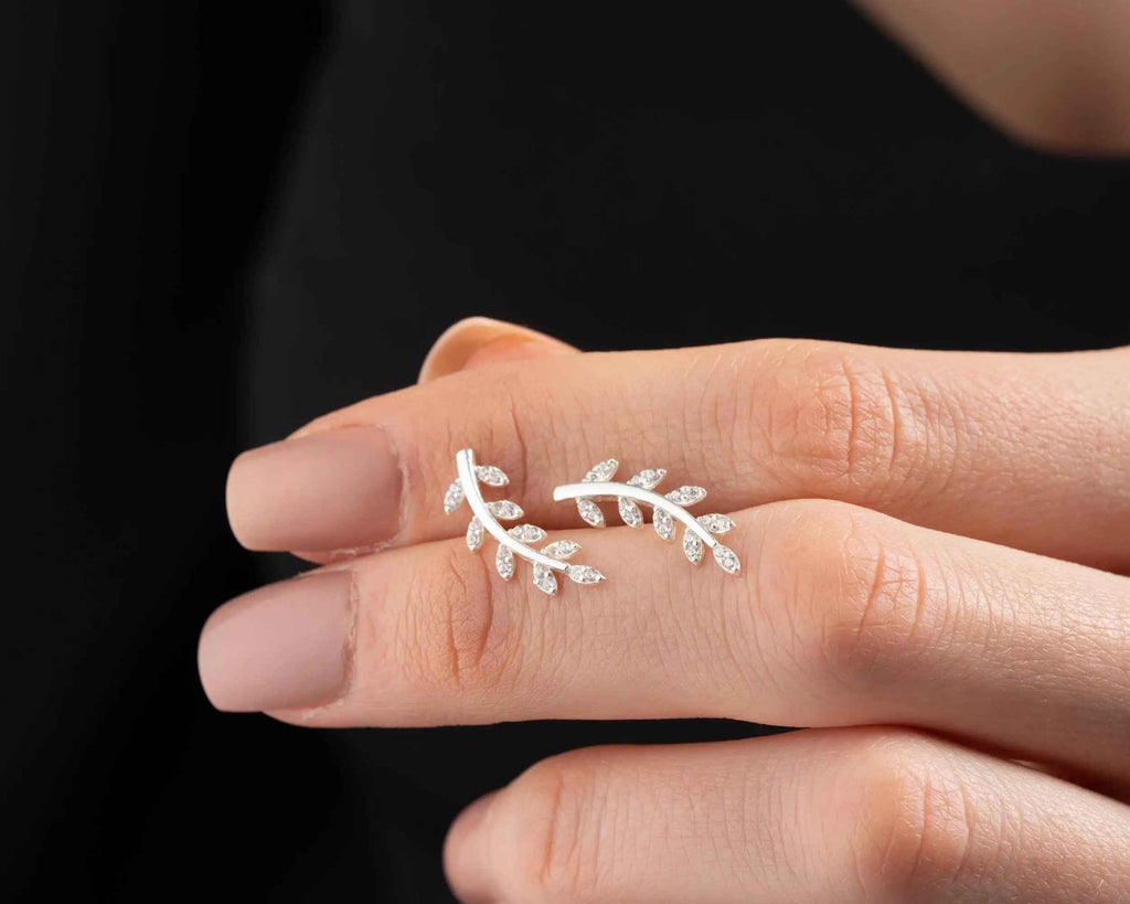 Sterling Silver Leaf Crawler Earrings: Olive Branch Design