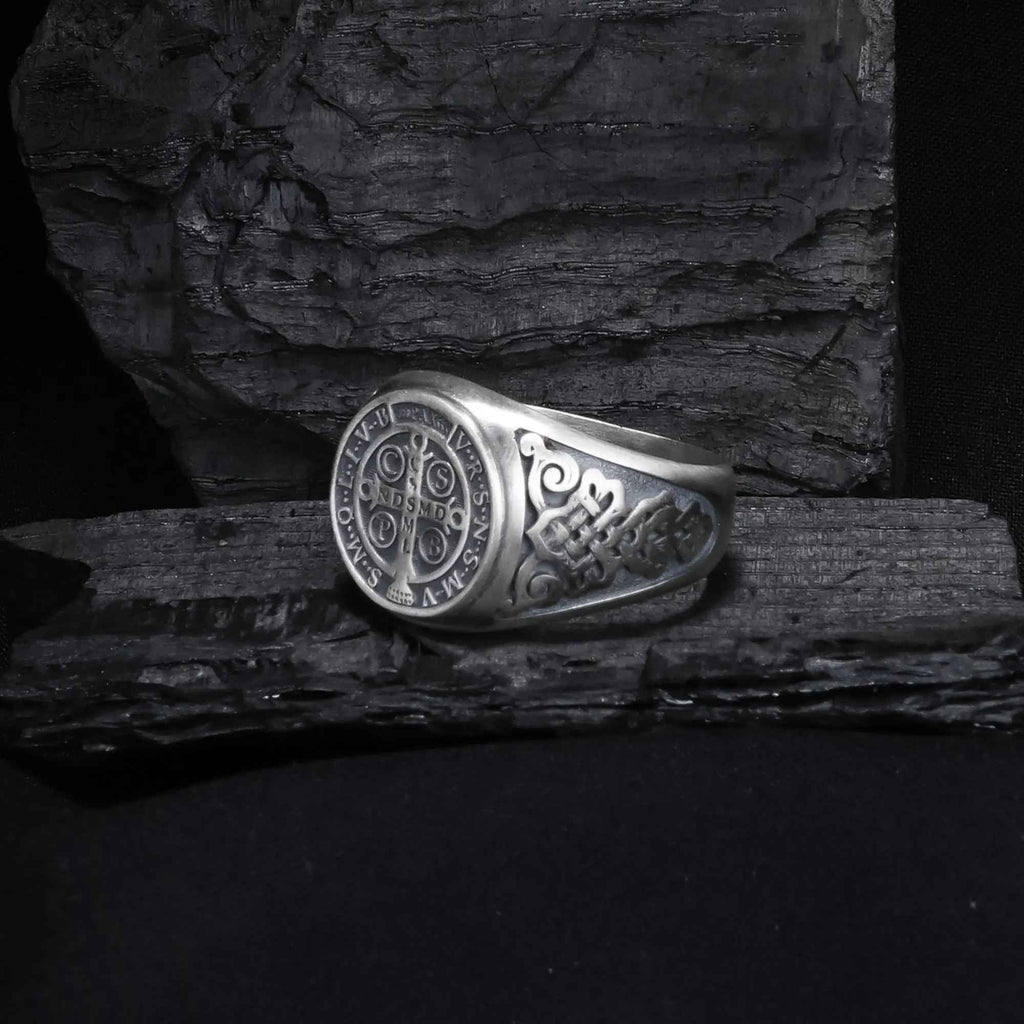 Sterling Silver St Benedict Medal Ring: Religious Signet Jewelry